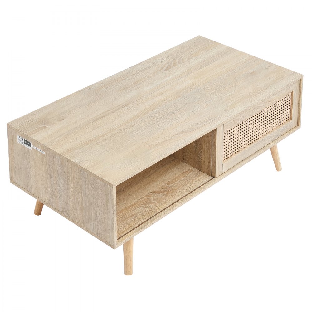 VEVOR Tavolino Caffè in Rattan Tavolino Rettangolare in Legno Rattan Intrecciato con Piano in MDF, Tavolino Moderno in Stile Boho 42 Pollici con Portaoggetti, Mobiletto per Soggiorno, Camera da Letto