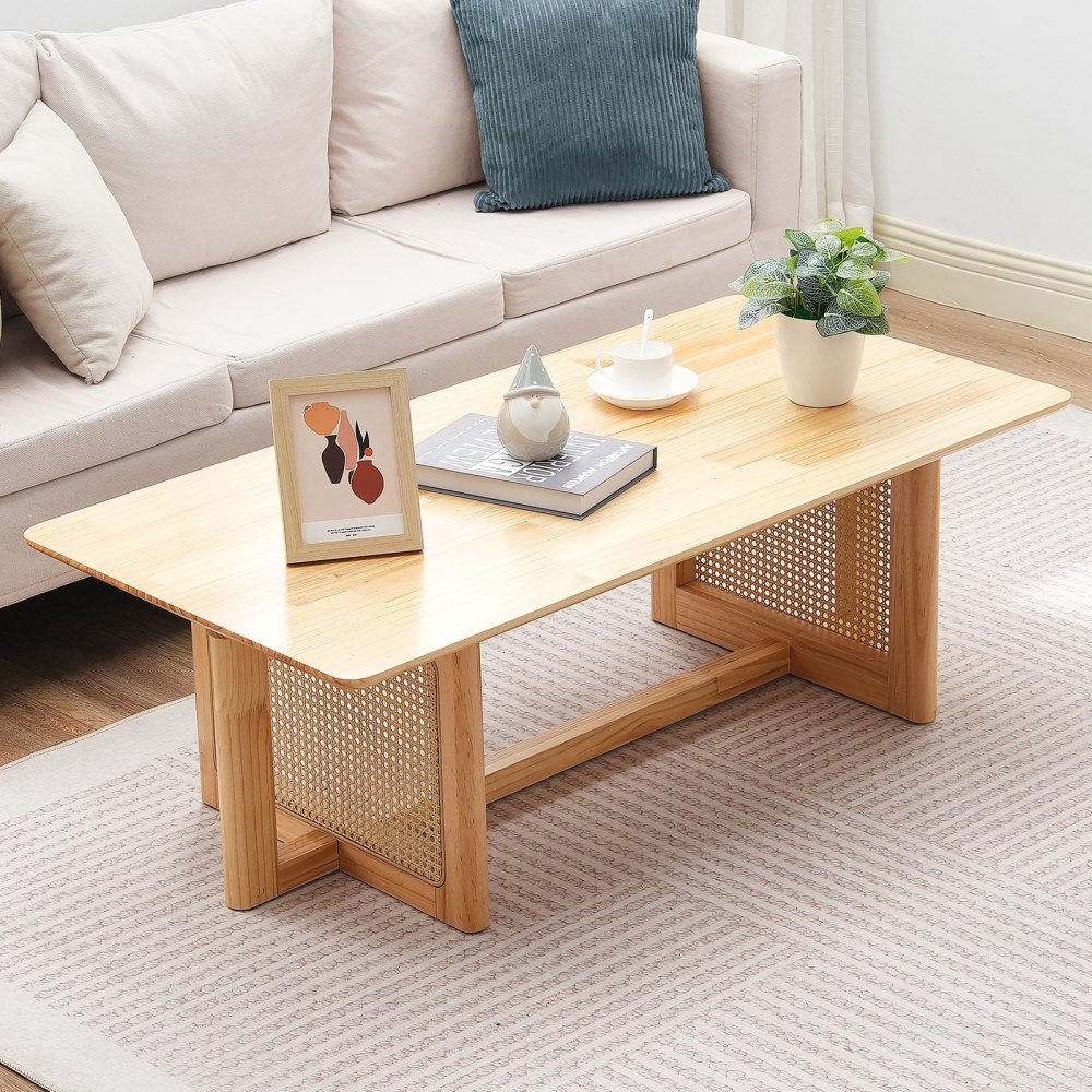 VEVOR Rattan Coffee Table, rectangular coffee table made of woven rattan wood with a rubberwood tabletop, 120 cm, modern boho coffee table with storage and natural wood legs, for living room