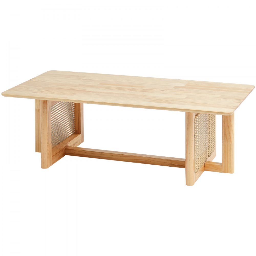 VEVOR Rattan Coffee Table, rectangular coffee table made of woven rattan wood with a rubberwood tabletop, 120 cm, modern boho coffee table with storage and natural wood legs, for living room