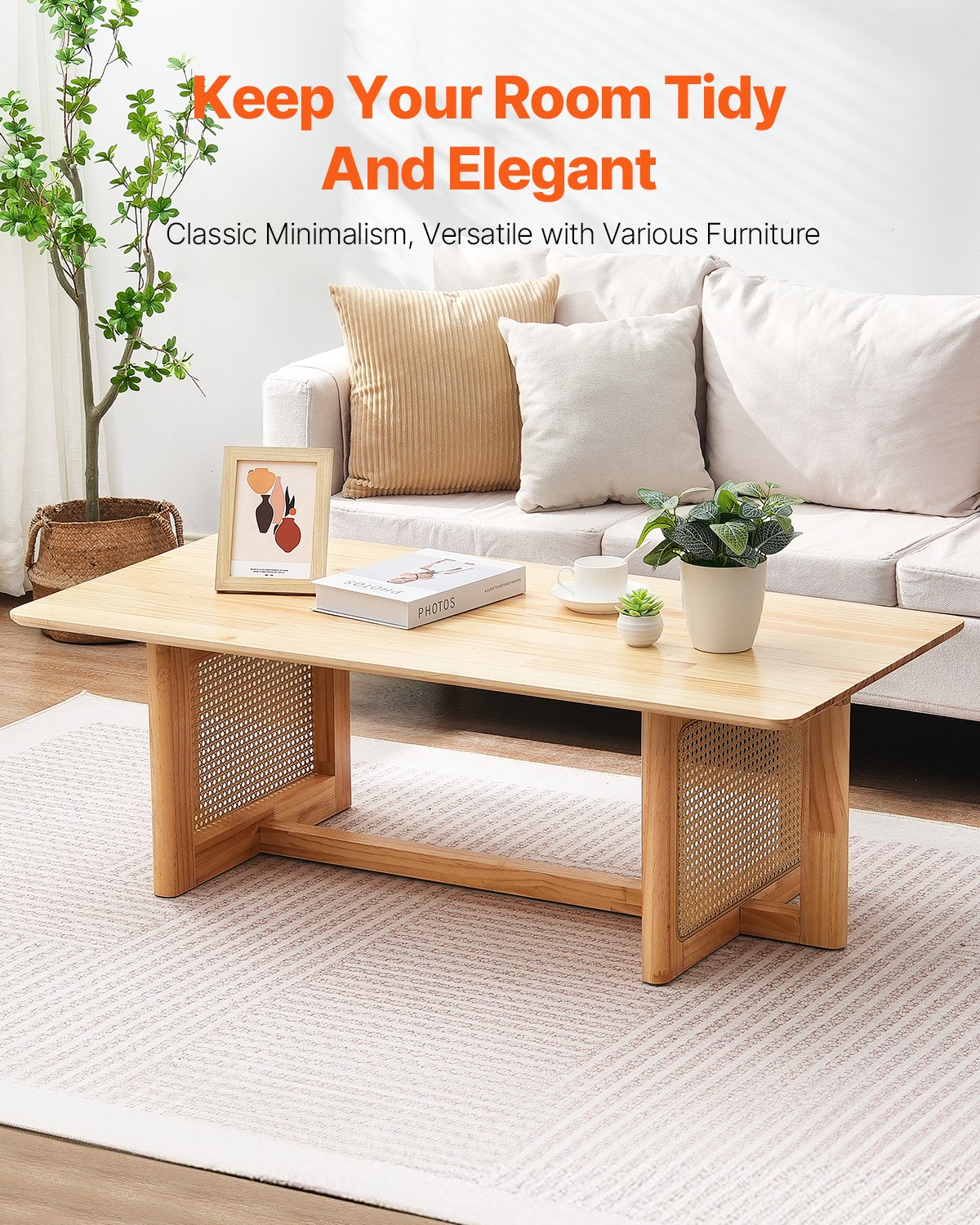 VEVOR Rattan Coffee Table, rectangular coffee table made of woven rattan wood with a rubberwood tabletop, 120 cm, modern boho coffee table with storage and natural wood legs, for living room