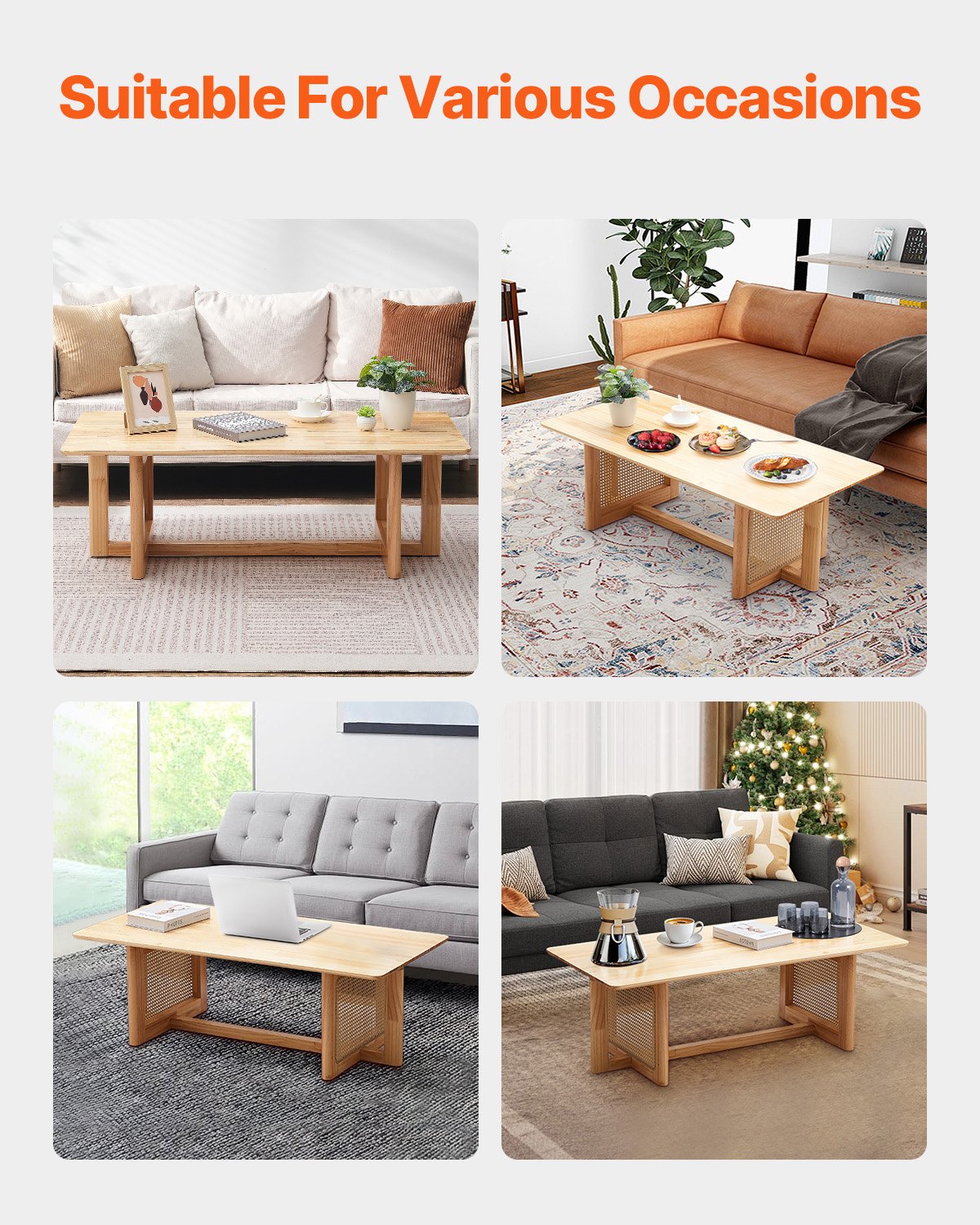 VEVOR Rattan Coffee Table, rectangular coffee table made of woven rattan wood with a rubberwood tabletop, 120 cm, modern boho coffee table with storage and natural wood legs, for living room