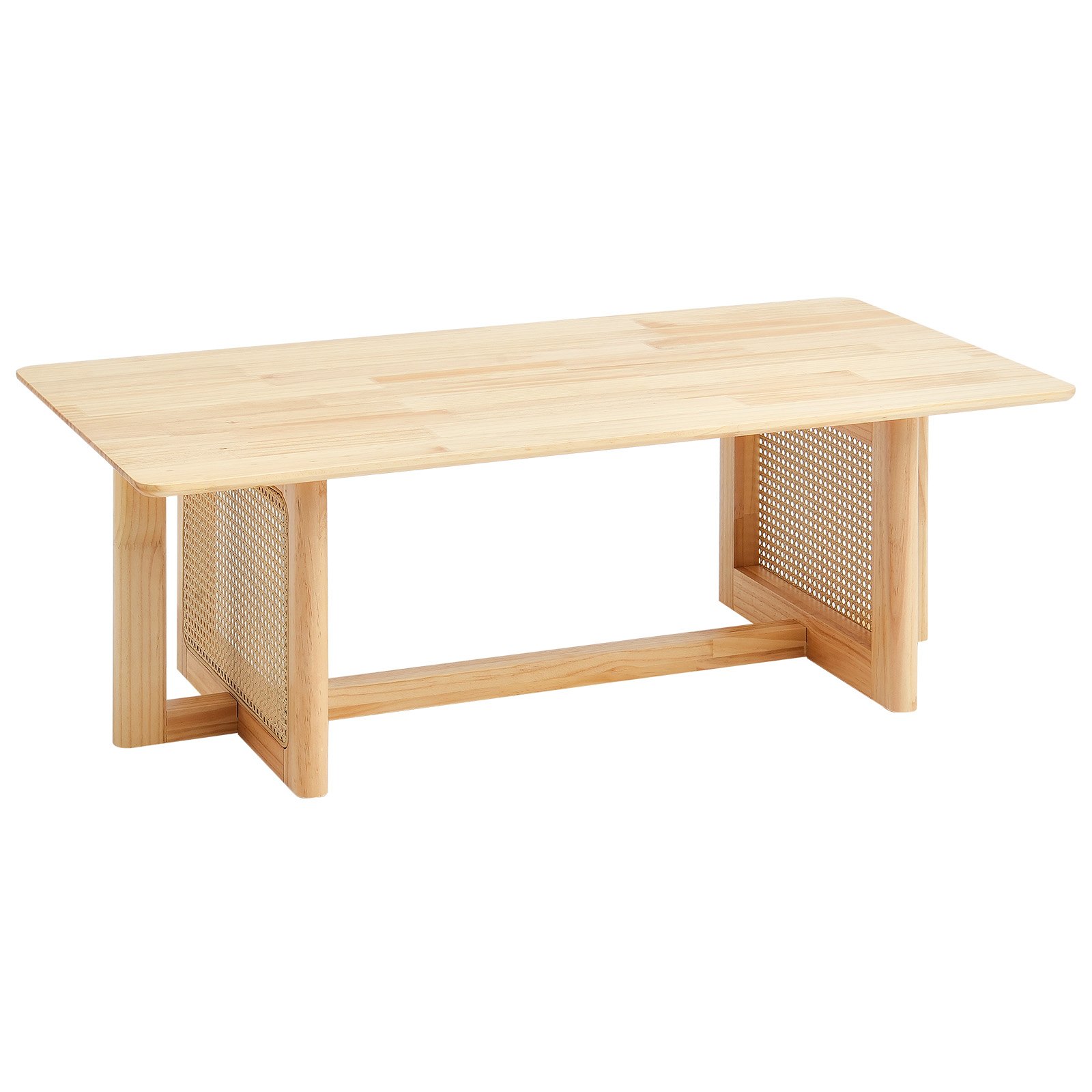 VEVOR Rattan Coffee Table, rectangular coffee table made of woven rattan wood with a rubberwood tabletop, 120 cm, modern boho coffee table with storage and natural wood legs, for living room