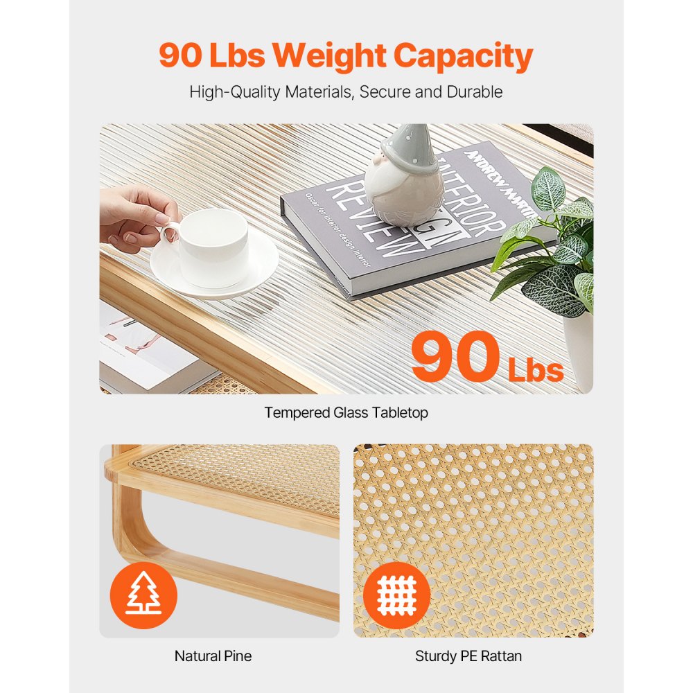 VEVOR Tavolino Rettangolare in Rattan, Tavolo da Salotto con Piano in Vetro Temperato, Mobile Contenitore Moderno Tavolino da 115 cm, con Gambe in Legno Naturale, per Camera da Letto e Piccoli Spazi
