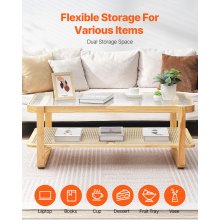 VEVOR Tavolino Rettangolare in Rattan, Tavolo da Salotto con Piano in Vetro Temperato, Mobile Contenitore Moderno Tavolino da 115 cm, con Gambe in Legno Naturale, per Camera da Letto e Piccoli Spazi