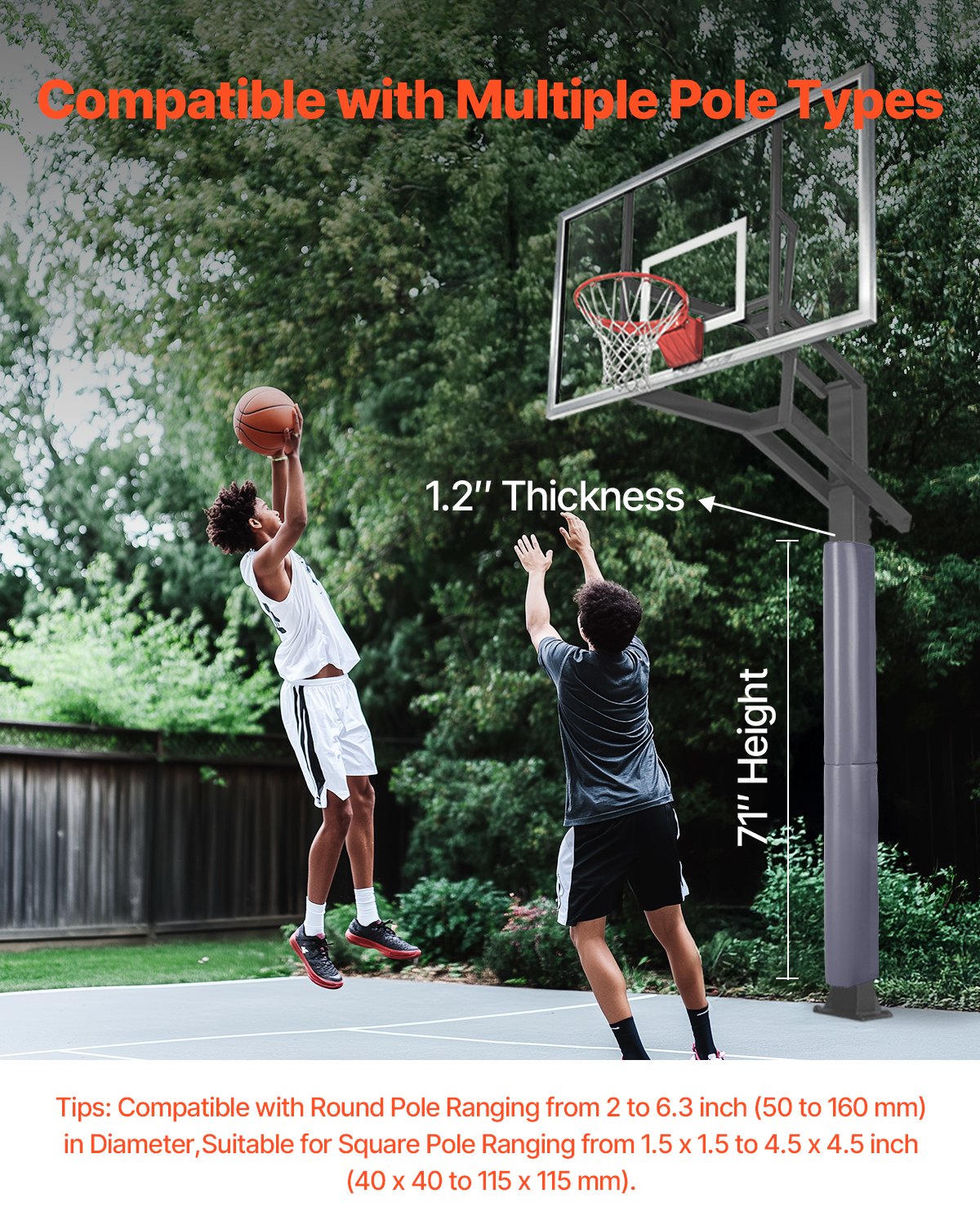 VEVOR Basketball Padding (180 cm high) Padding compatible with square poles (40 x 40 to 115 x 115 mm) and round poles (outer diameter 50-160 mm) Protective padding for basements Gray