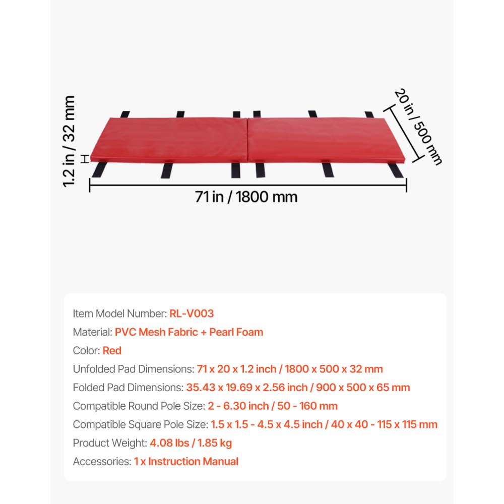 VEVOR Imbottitura per Palo da Basket Altezza 180 cm Imbottitura per Barre da Basket Quadrate da 40x40 a 115x115 mm Barre Tonde Diametro Esterno 50-160 mm, Cuscinetto Protettivo Rosso