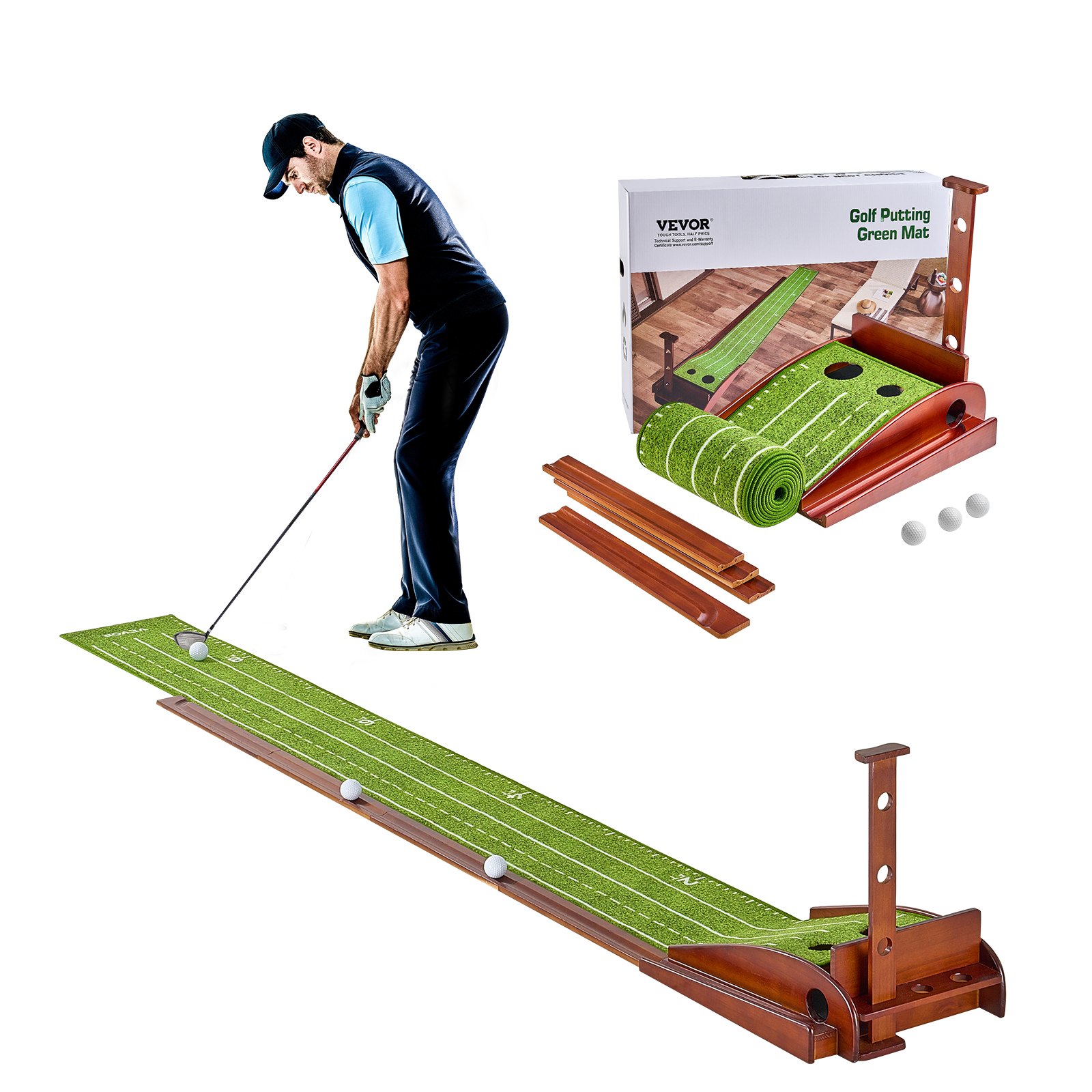 VEVOR Tappetino da Golf 2 Fori, Tappetino da Golf per Interni Esterni, Set Minigolf con Ritorno Automatico della Palla, Guida di Allineamento, Base in Legno, Attrezzatura per Allenamento Golf, Verde