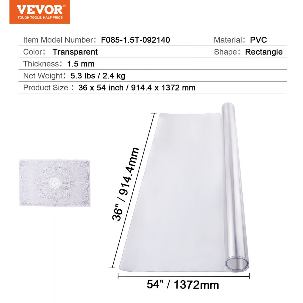 VEVOR Tovaglia in Plastica per Tavolo 914x1372mm Spessore 1,5 mm Tovaglia Trasparente Rettangolare per Scrivania Impermeabile Facile da Pulire Tovaglia per Tavolo da Lavoro Tavolo da Pranzo Comodino