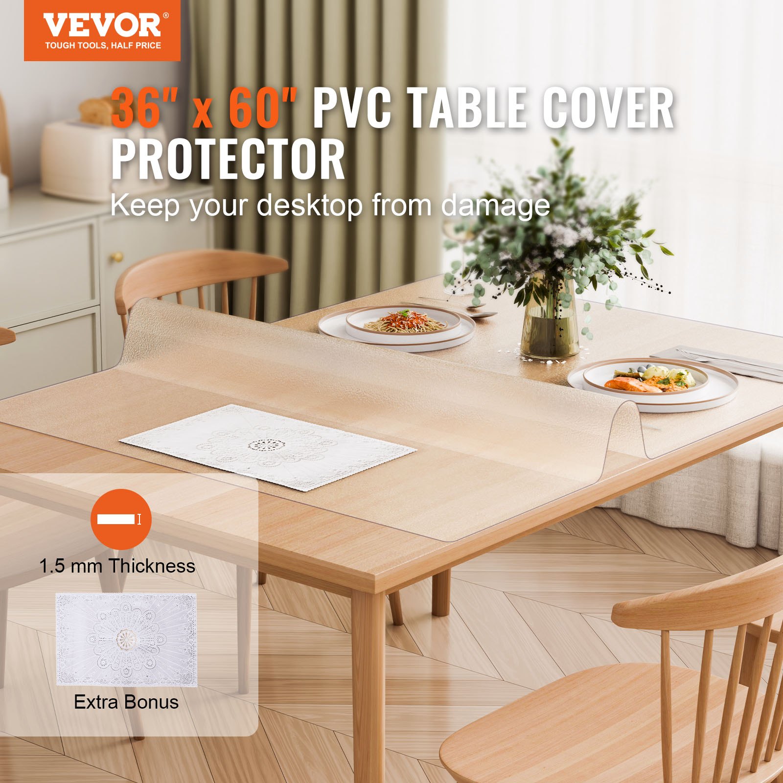 VEVOR Plastic Tablecloth, 91.4 x 152.4 cm, 1.5 mm thick, frosted table protector, rectangular PVC desk mat, waterproof and easy-to-clean desk pad, tablecloth, for office, dresser, dining table, nightstand