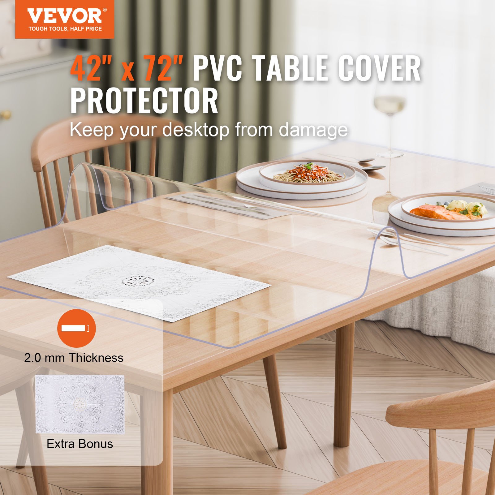 VEVOR Plastic Tablecloth, 42 x 72 inches, 2.0 mm thick, transparent table protector, rectangular PVC desk mat, waterproof and easy-to-clean desk pad, tablecloth, for office, dresser, dining table, nightstand