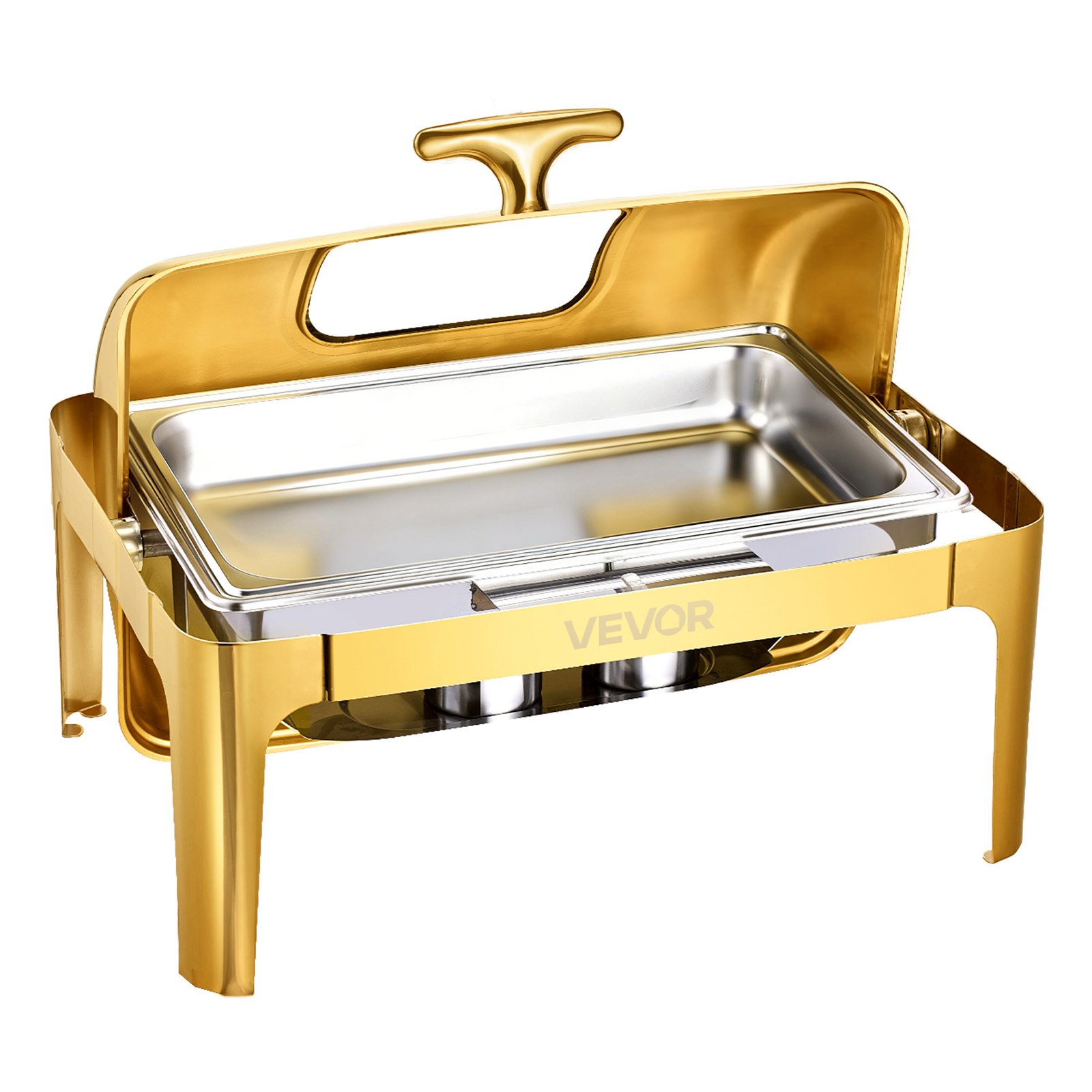 VEVOR Set di Scaldavivande 8,5 L Scaldavivande Rettangolare in Acciaio Inox con Padella di Dimensioni Standard, Coperchio Visibile, Padella per l'Acqua, Supporto per Carburante, Clip per Pasti, Oro