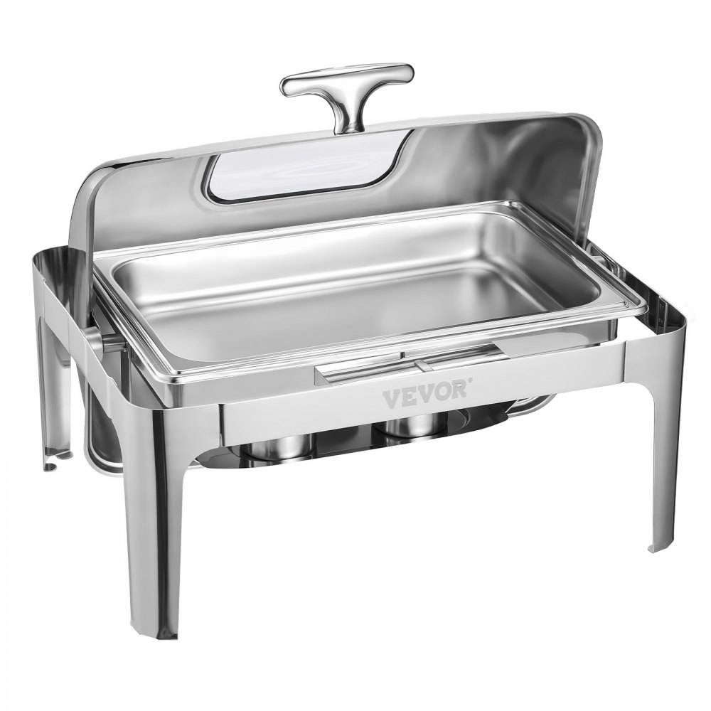 VEVOR Set di Scaldavivande 3,9 L Scaldavivande Rettangolare in Acciaio Inox, 1 Pezzo con 2 Padelle di Mezza Misura, Coperchio Visibile, Supporto Pieghevole per Padella per Acqua e Carburante, Argento