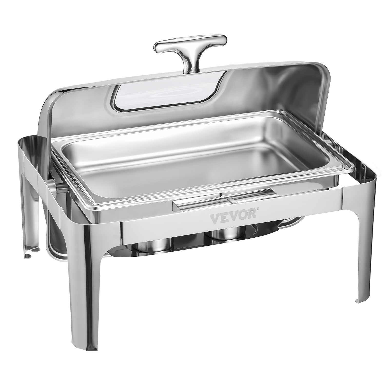 VEVOR Set di Scaldavivande 3,9 L Scaldavivande Rettangolare in Acciaio Inox, 1 Pezzo con 2 Padelle di Mezza Misura, Coperchio Visibile, Supporto Pieghevole per Padella per Acqua e Carburante, Argento