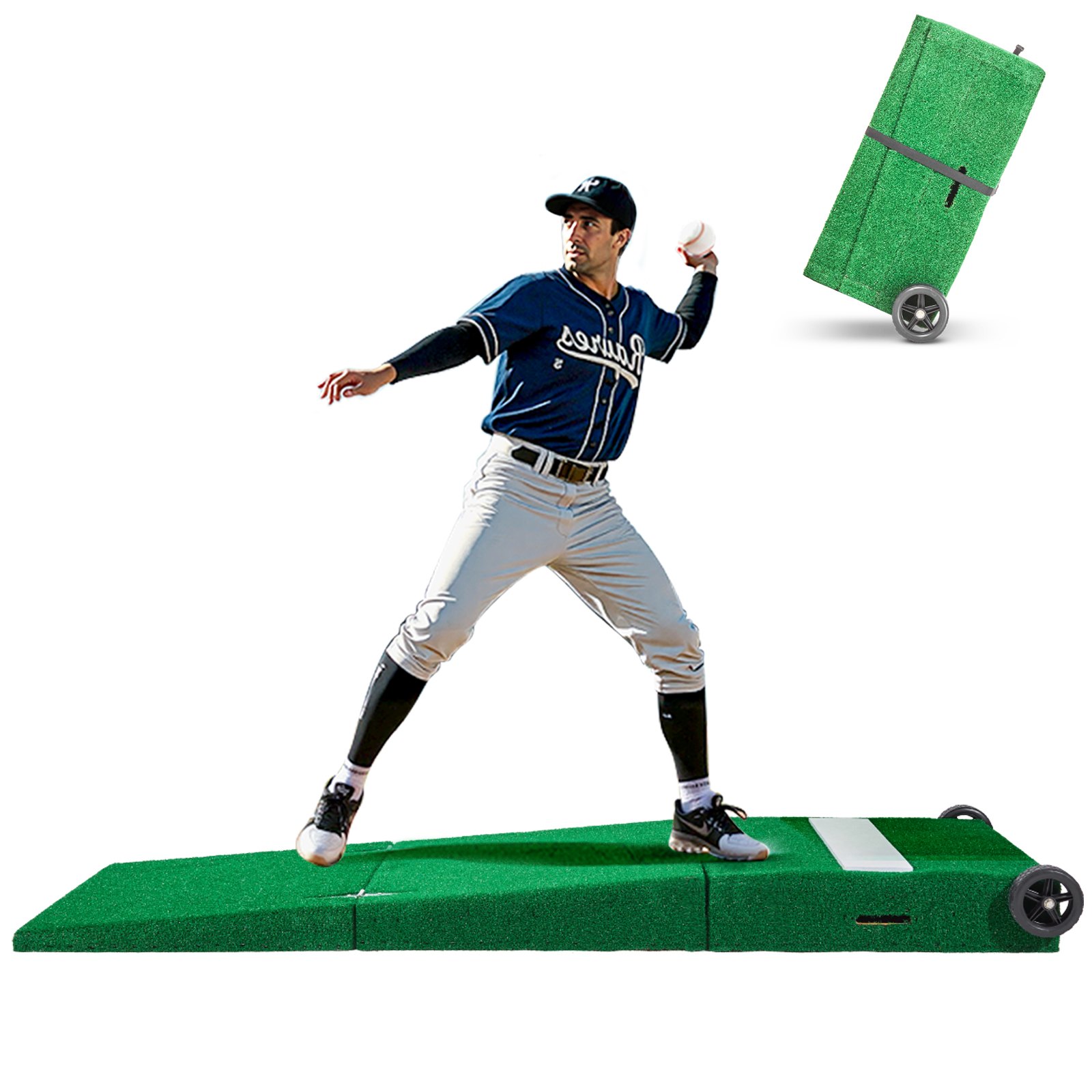 VEVOR Monte di Lancio Portatile per Baseball, 228,6 cm Aiuti per Lancio di Softball per Interni ed Esterni con Erba Sintetica Anti-Scolorimento, Gomma per Lancio, Maniglie per Trasporto, Verde