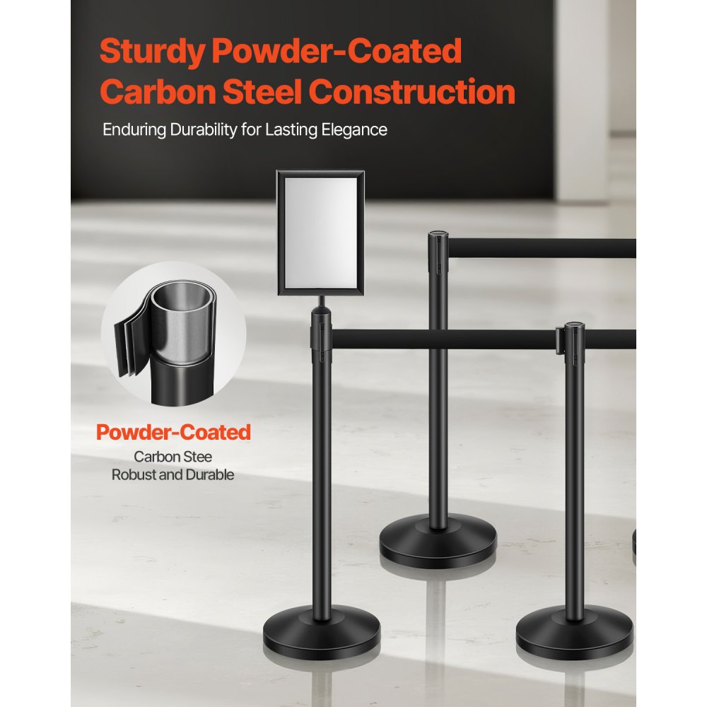 VEVOR Crowd Control Posts (8 pcs) with 8 retractable straps & 2 sign holders, carbon steel barrier posts with refillable base for exhibitions