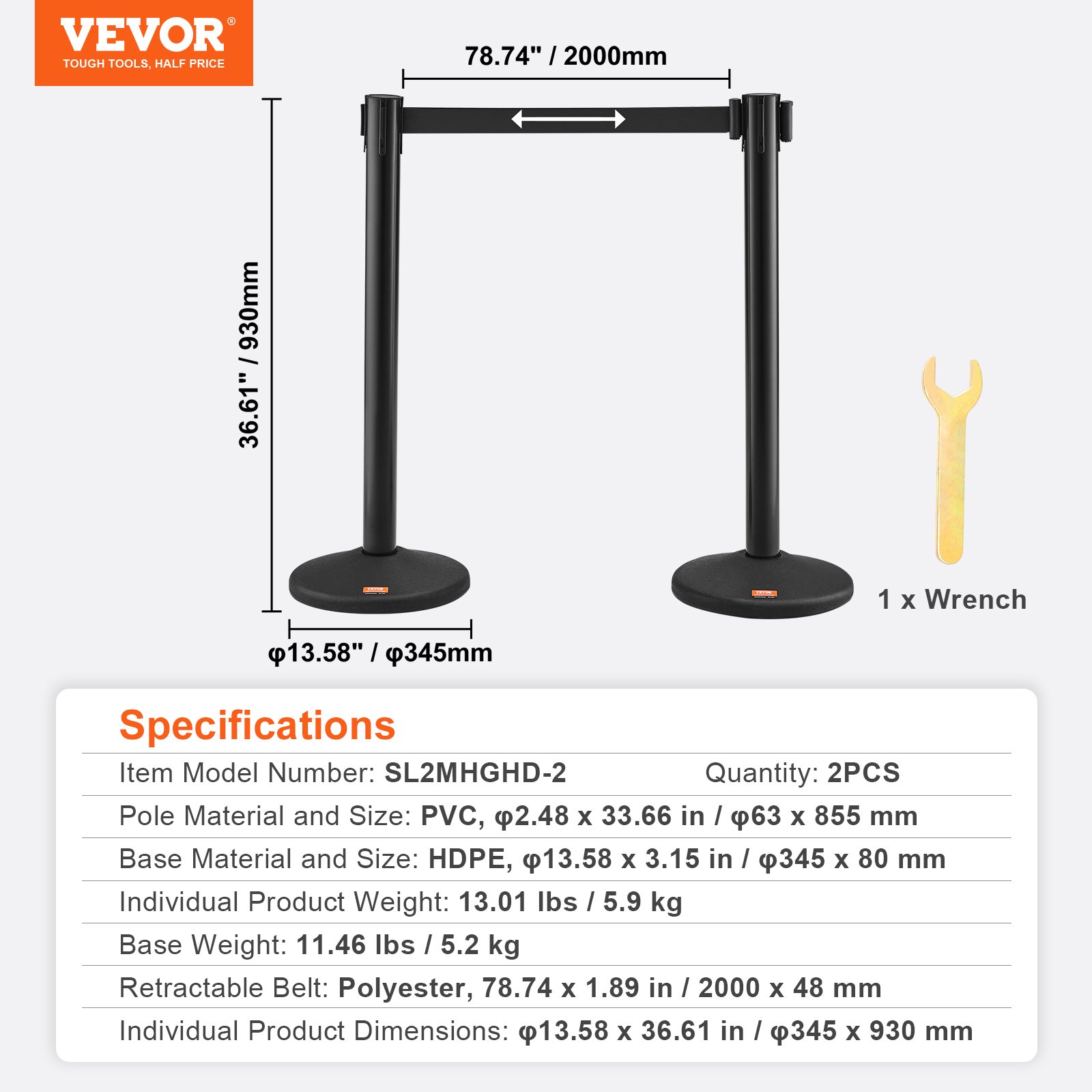 VEVOR Pali con Cintura per Controllo della Folla φ345x930mm, Barriere di Controllo della Folla 2 Pezzi, Pali con Cintura Retrattile 2000x48mm Nera, Divisorio Linea Folla per Evento