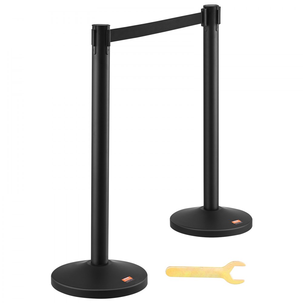 VEVOR Pali Barriera di Controllo Folla, Nastro Barriera Nero, Supporto per Barriera, 4 Pezzi, 2 m x 48 mm, Cintura Retrattile Nera, Sistema di Guida di Folla Linea per Evento, Base Riempibile