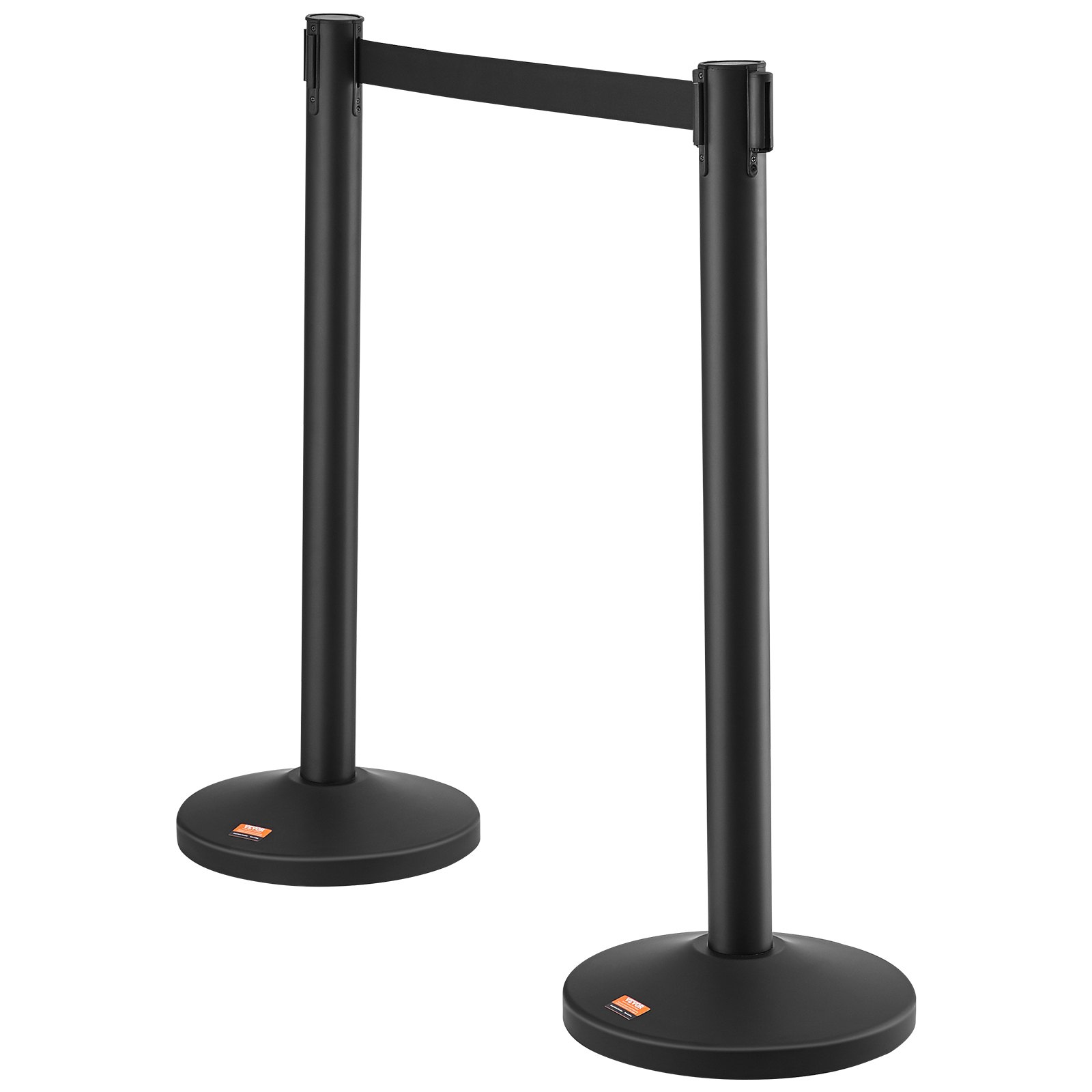 VEVOR Pali Barriera di Controllo Folla, Nastro Barriera Nero, Supporto per Barriera, 4 Pezzi, 2 m x 48 mm, Cintura Retrattile Nera, Sistema di Guida di Folla Linea per Evento, Base Riempibile