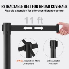 VEVOR Pali con Cintura per Controllo della Folla, Barriere di Controllo della Folla 2 Pezzi, Pali di Acciaio al Carbonio Verniciate con Cintura Retrattile Nera 3300x48 mm, Divisorio della Linea Folla