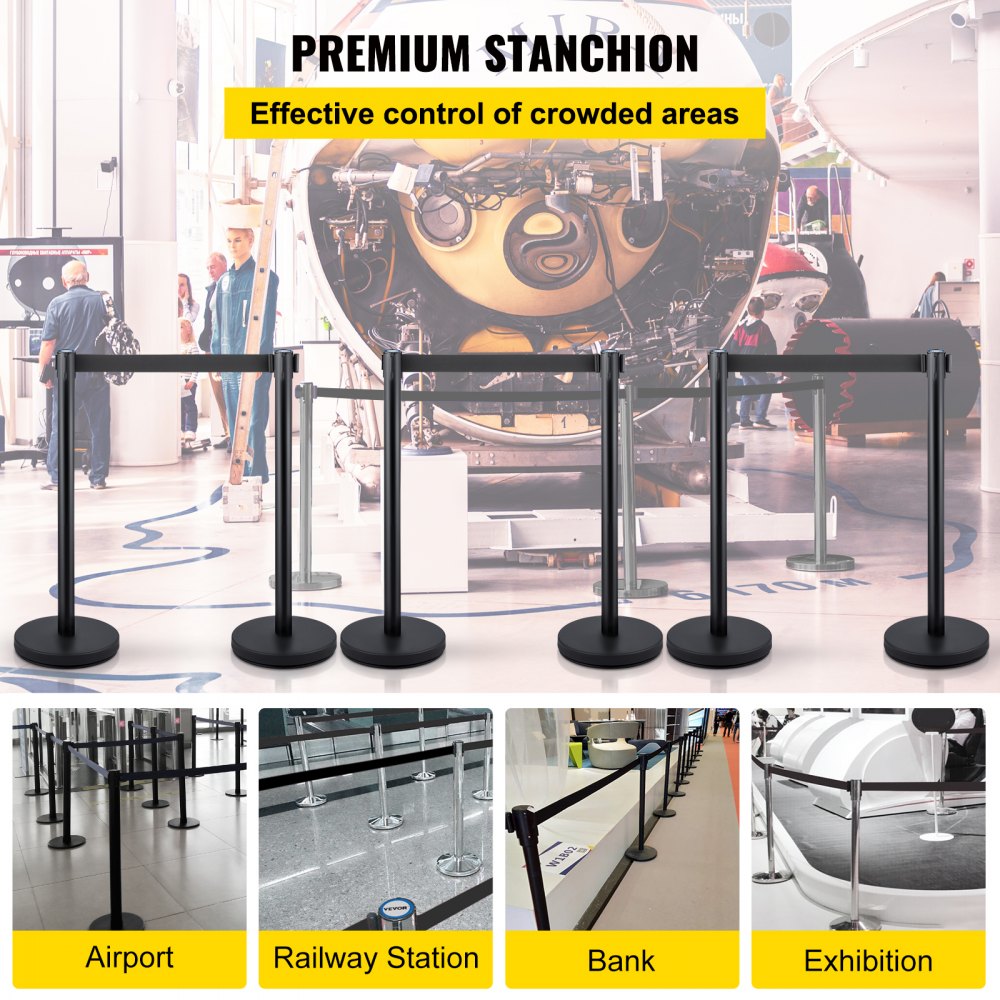VEVOR Crowd Control Bollards, 6-Pack Crowd Control Barriers with 3 x 6.5 Foot Retractable Straps, Crowd Control Bollards, Easy Assembly
