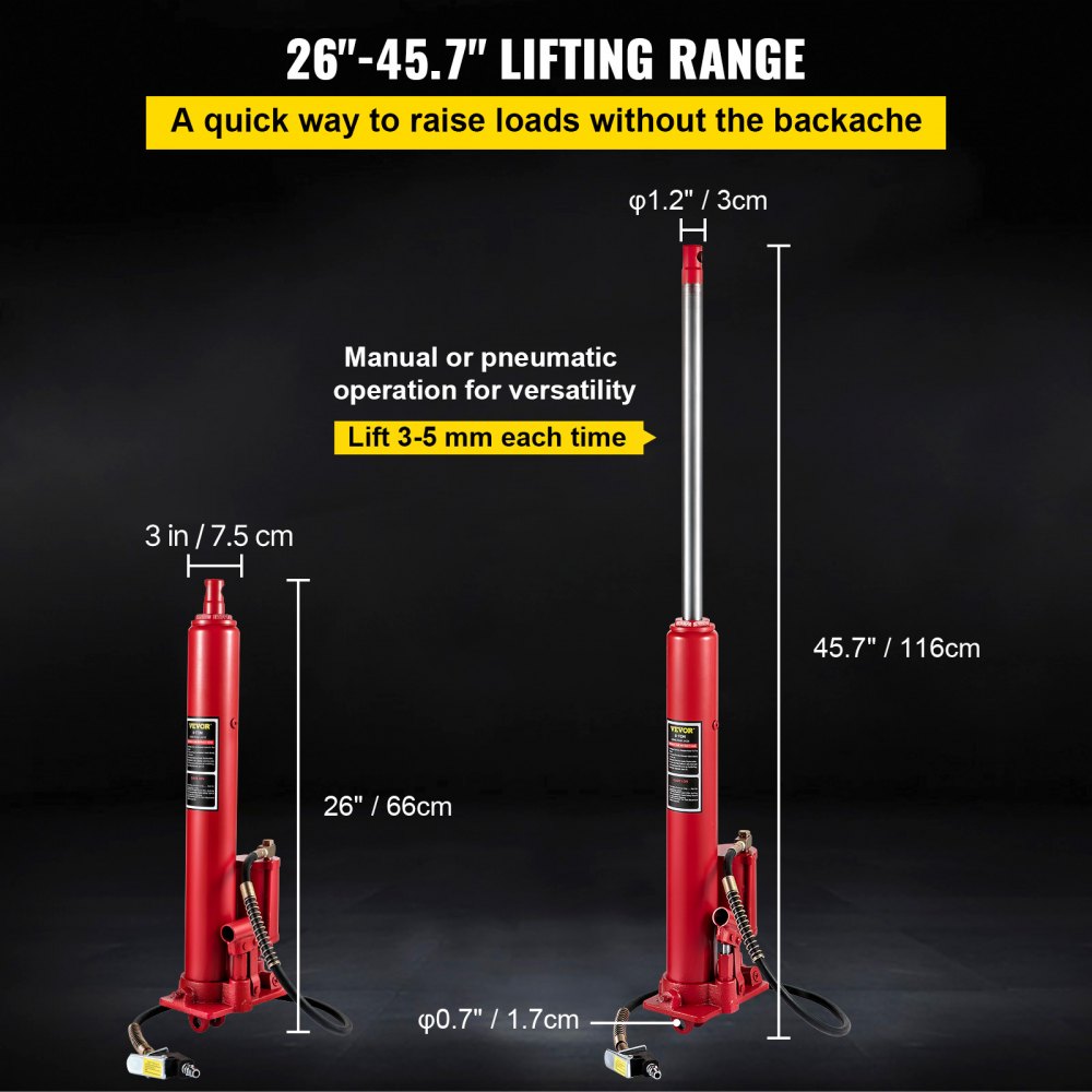 VEVOR 8-ton hydraulic pneumatic trolley jack with long piston, single piston pump, and clevis base; manual lifting platform with handle, for garages and workshops; engine lift, red