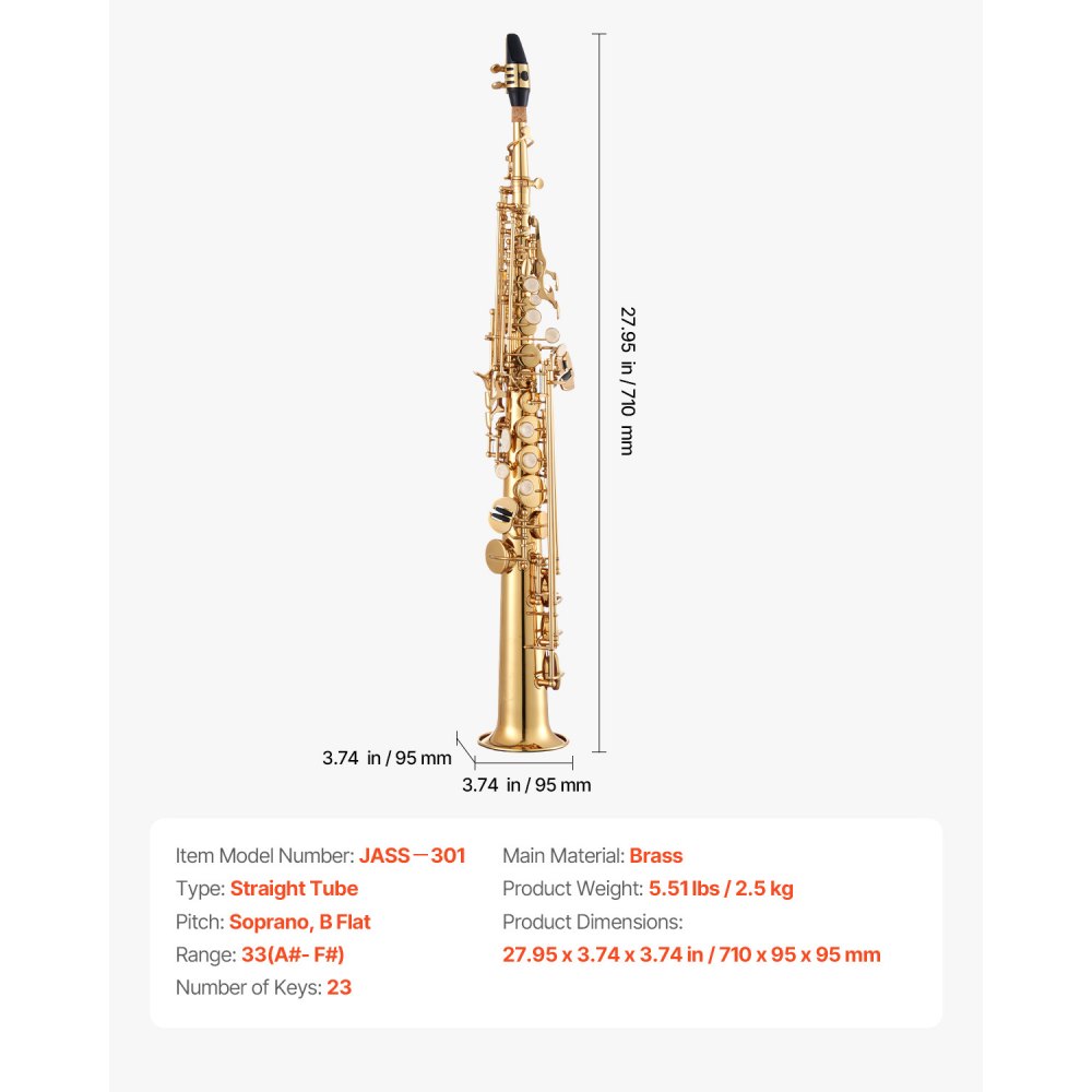 VEVOR Sassofono Soprano Dritto, Si Bemolle, Kit di Sassofono in Ottone a 23 Tasti per Principianti, con Custodia Trasporto, Bocchino, Asta per Panno di Pulizia, Guanti, Tracolla, Oro