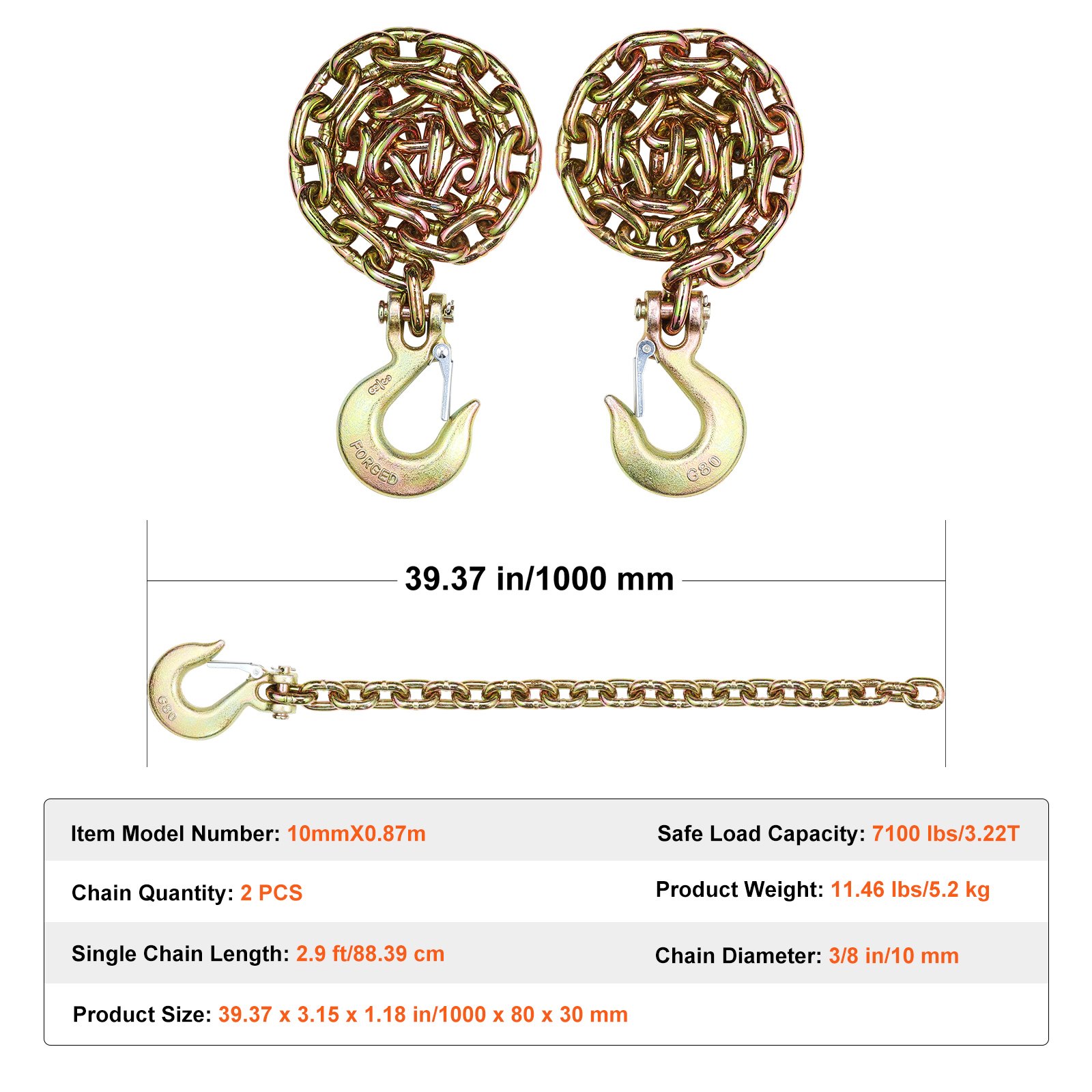 VEVOR G80 Transport Binding Chain, 3/8 inch x 2.9 ft, 2-Pack Tow Chain with Clevis Snap Hook, 7100 lbs Safe Working Load, Heavy-Duty Forestry Chain for Transporting Tow Truck Binding Equipment