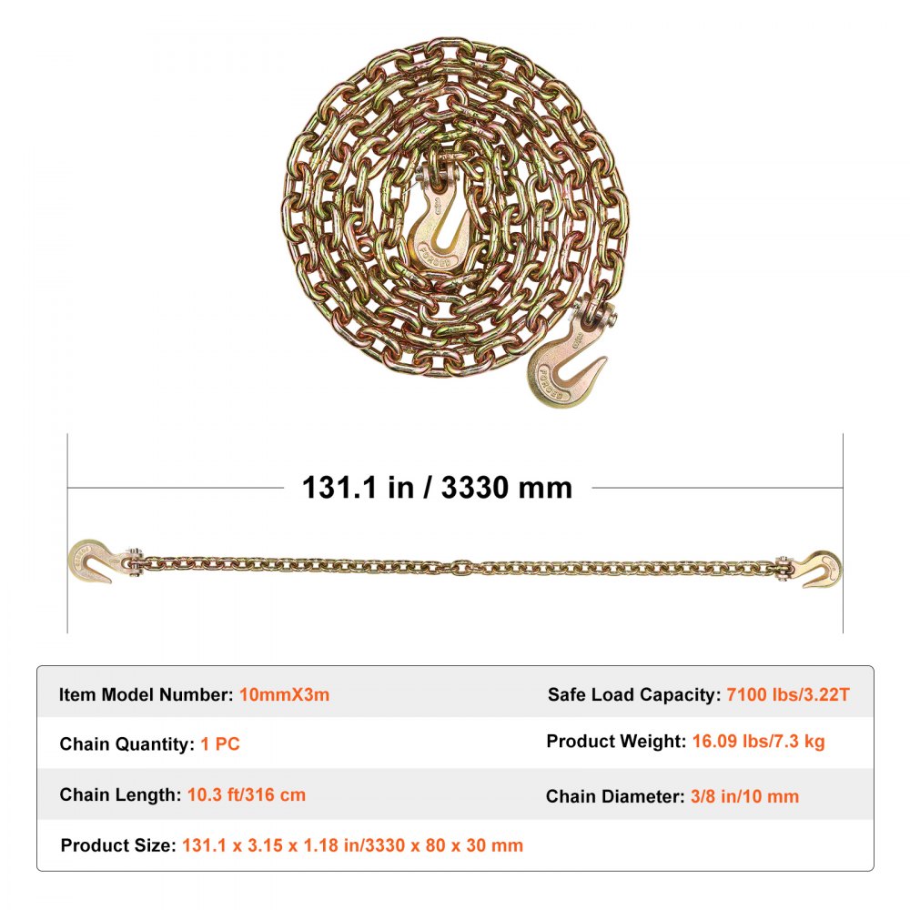 VEVOR Catena a maglie da traino con ganci a forcella, catena da trasporto G80 10 mm x 316 cm, capacità di carico della catena per tronchi 3,22 tonnellate, per fissaggio attrezzature carro attrezzi