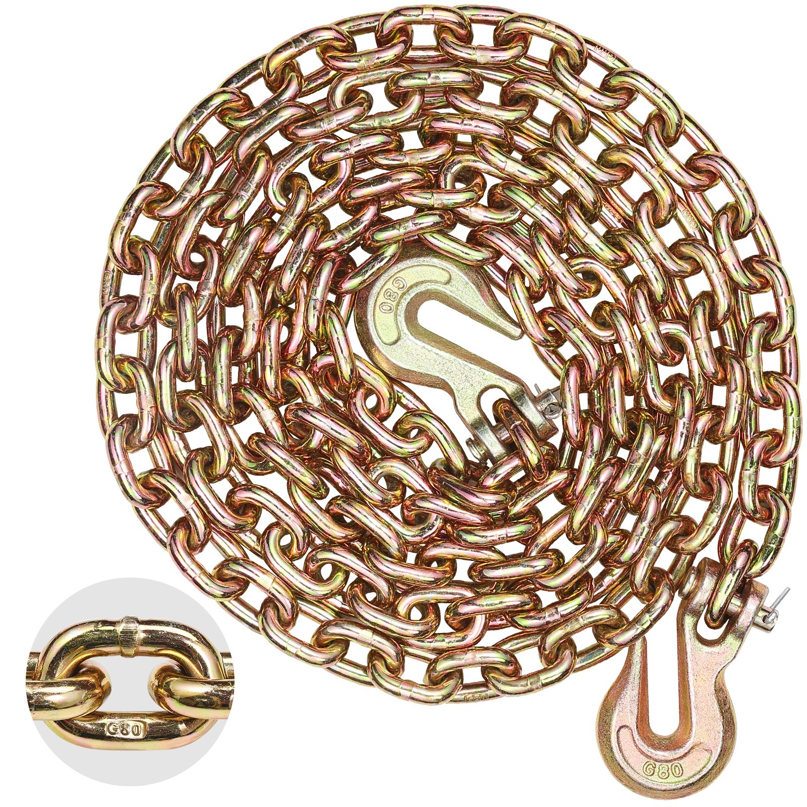 VEVOR Catena a maglie da traino con ganci a forcella, catena di trasporto G80 8 mm x 316 cm, capacità di carico della catena per tronchi 2,22 T, per il fissaggio di attrezzature per carro attrezzi