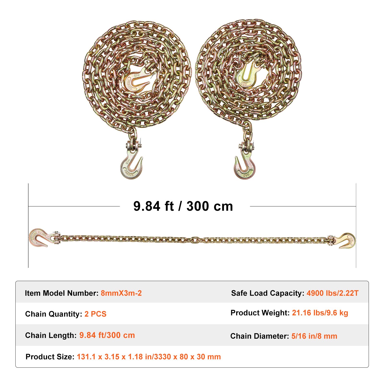 VEVOR Catena di traino con ganci a forcella Confezione da 2 catene di trasporto G80 8 mm x 316 cm, carico catena per tronchi 2,22 tonnellate, per il fissaggio di attrezzature per carro attrezzi