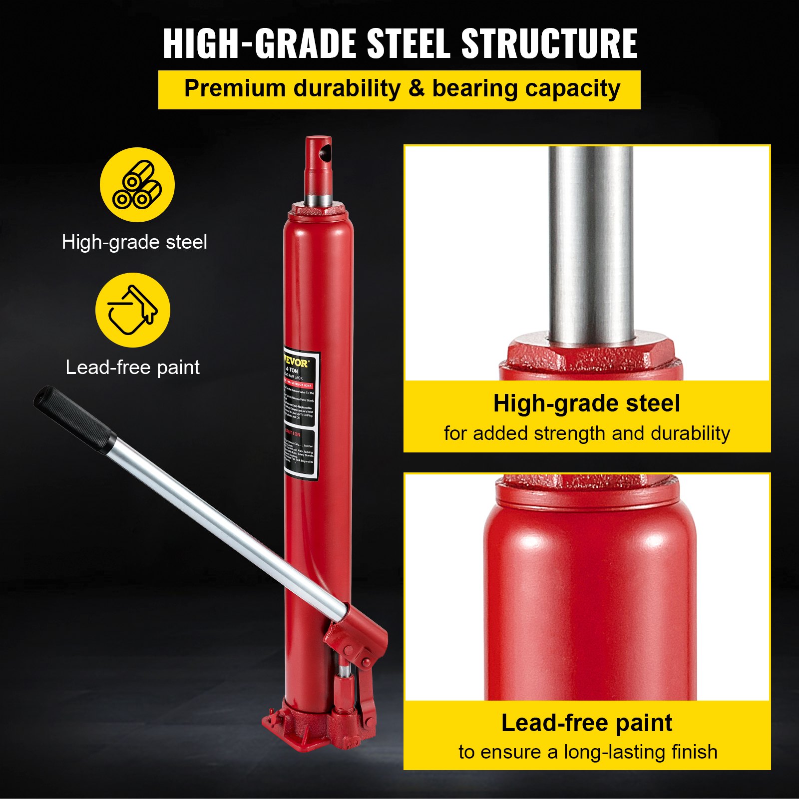VEVOR Hydraulic Long Pile Jack, 4 t Lifting Capacity, with Single Piston Pump and Flat Base, Manual Aerial Work Platform Jack with Handle, for Garage/Shop Cranes, Engine Lifting Device, Red