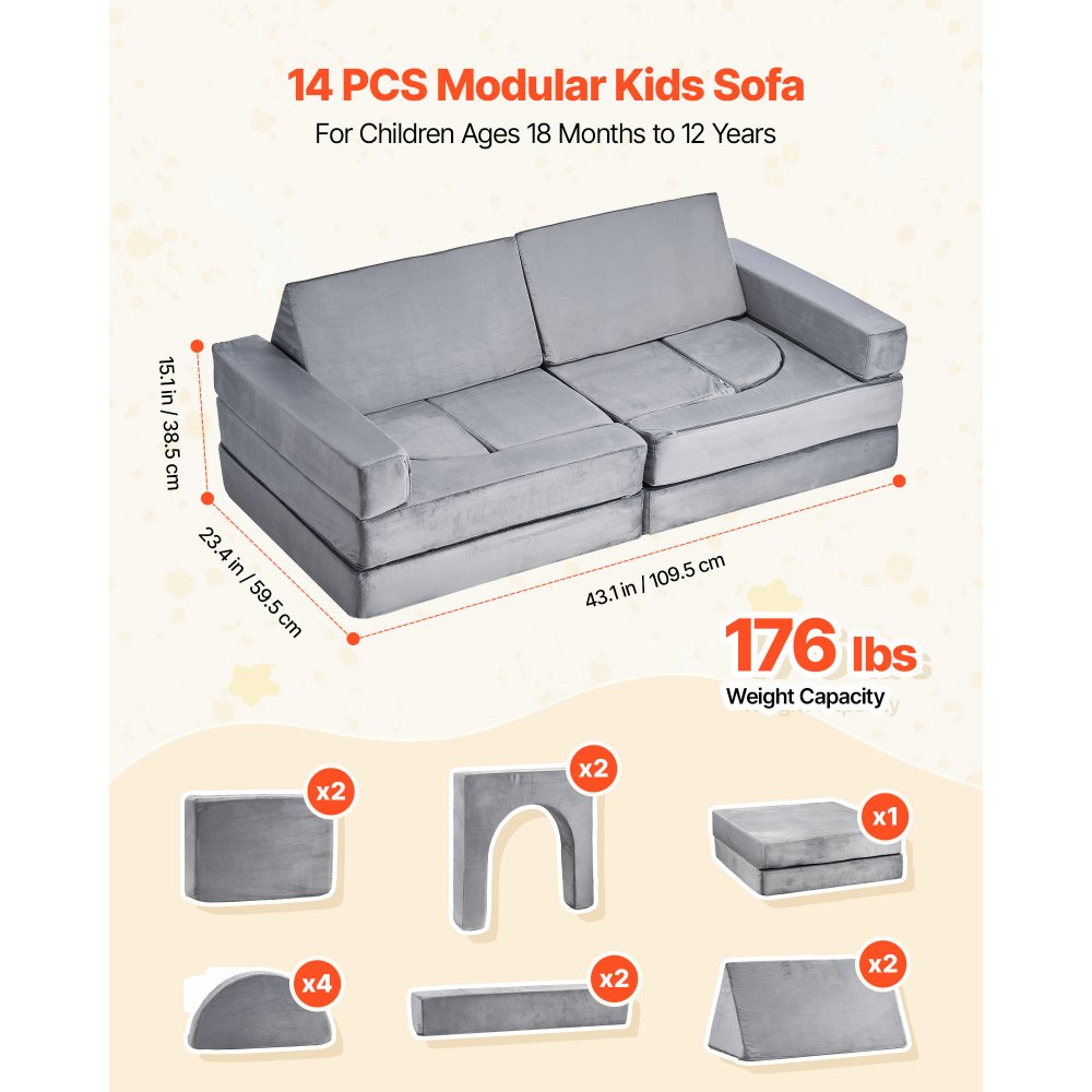 VEVOR Modular Kids Play Couch, Sectional Toddler Sofa with Armrests, 28D Sponge & Short Pile, Convertible Kids Modular Couch DIY Creative Combination for Playroom, Bedroom, Living Room, 14 Pcs, Gray