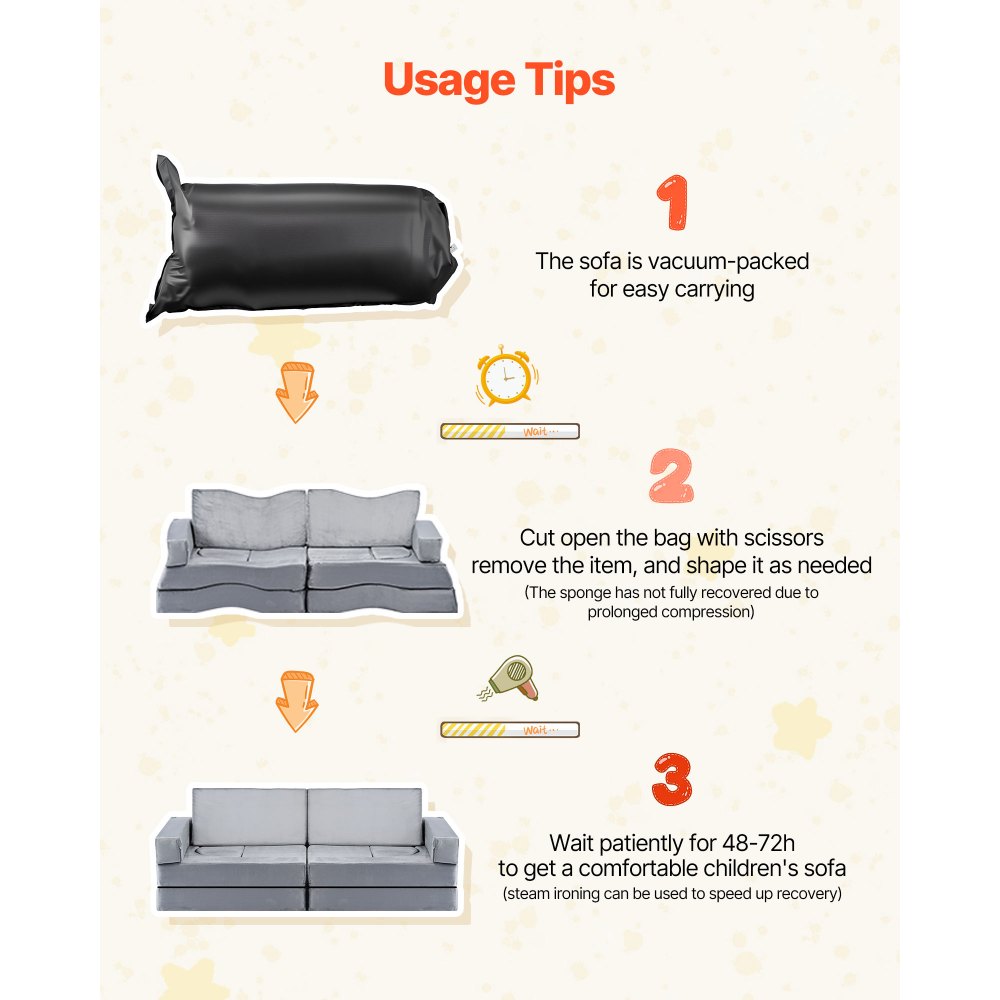 VEVOR Modular Kids Play Couch, Sectional Toddler Sofa with Armrests, 28D Sponge & Short Pile, Convertible Kids Modular Couch DIY Creative Combination for Playroom, Bedroom, Living Room, 14 Pcs, Gray