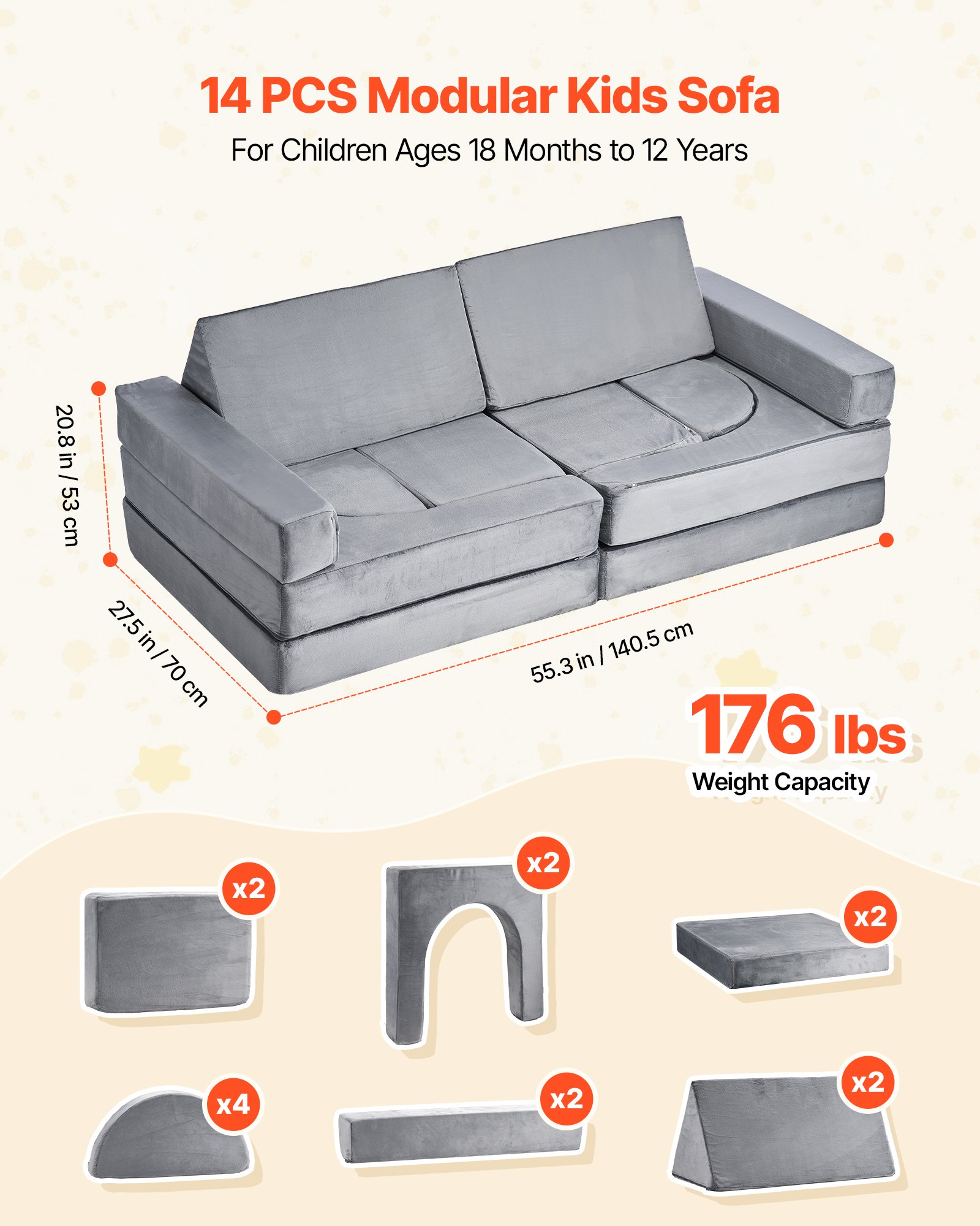 VEVOR Modular Kids Play Couch, Sectional Toddler Sofa with Armrests, 28D Sponge & Short Pile, Convertible Kids Modular Couch DIY Creative Combination for Playroom, Bedroom, Living Room, 14 Pcs, Gray