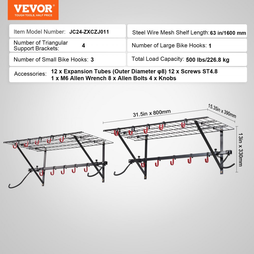 VEVOR Portabiciclette, 2 Ripiani, Gancio Portabiciclette per Montaggio a Parete, Organizzatore per Casa, Garage, per Varie Dimensioni di Bici, Supporto Regolabile, Può Contenere Fino 226,8 kg 1600 mm