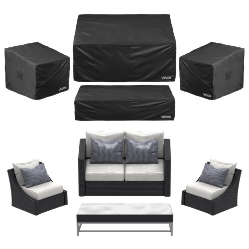 VEVOR Copertura per Mobili da Giardino, Set 4 Pezzi, Copertura per Mobili da Esterno, 420D Resistente e Impermeabile, per Tavolo e Sedie da Pranzo da Esterno, Divani, Sedie e Tavolini da Caffè, Nero
