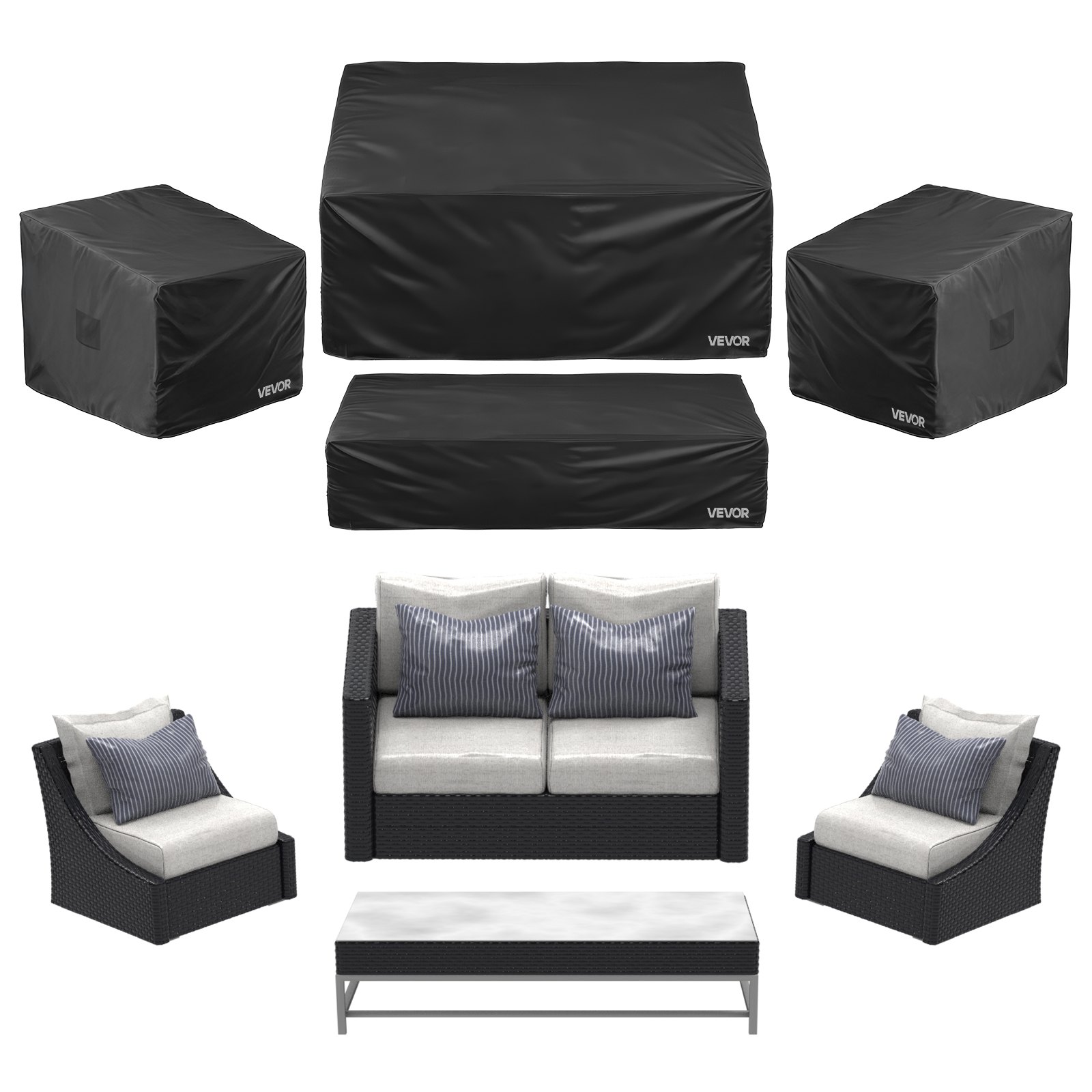 VEVOR Copertura per Mobili da Giardino, Set 4 Pezzi, Copertura per Mobili da Esterno, 420D Resistente e Impermeabile, per Tavolo e Sedie da Pranzo da Esterno, Divani, Sedie e Tavolini da Caffè, Nero