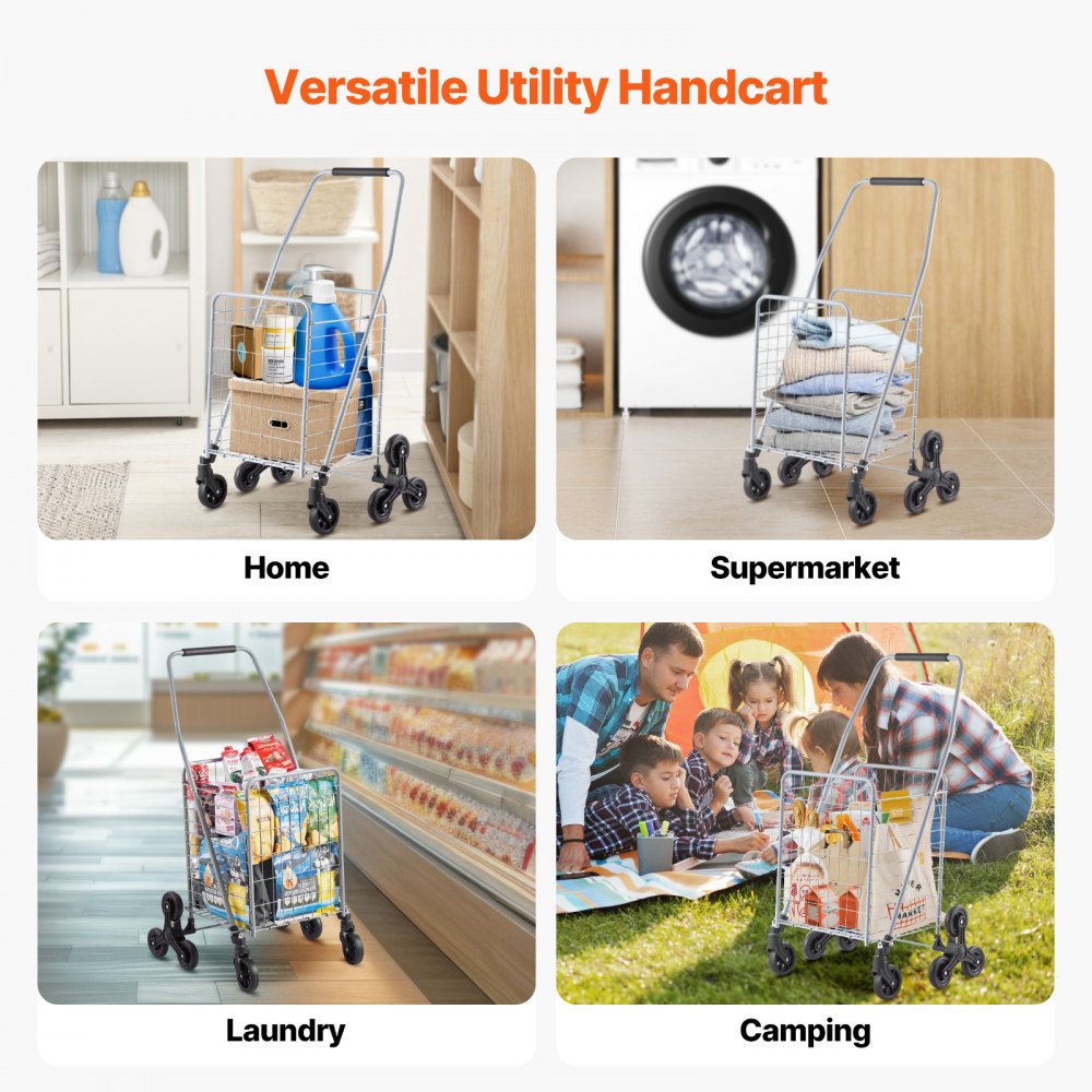 VEVOR Carrello della Spesa per Salire Scale da 45 L con Ruote Girevoli a 360°, Carrello Multiuso per Salire Scale con Tre Ruote, Carrello per Scale, Pieghevole e Leggero per Bucato in Viaggio, Argento