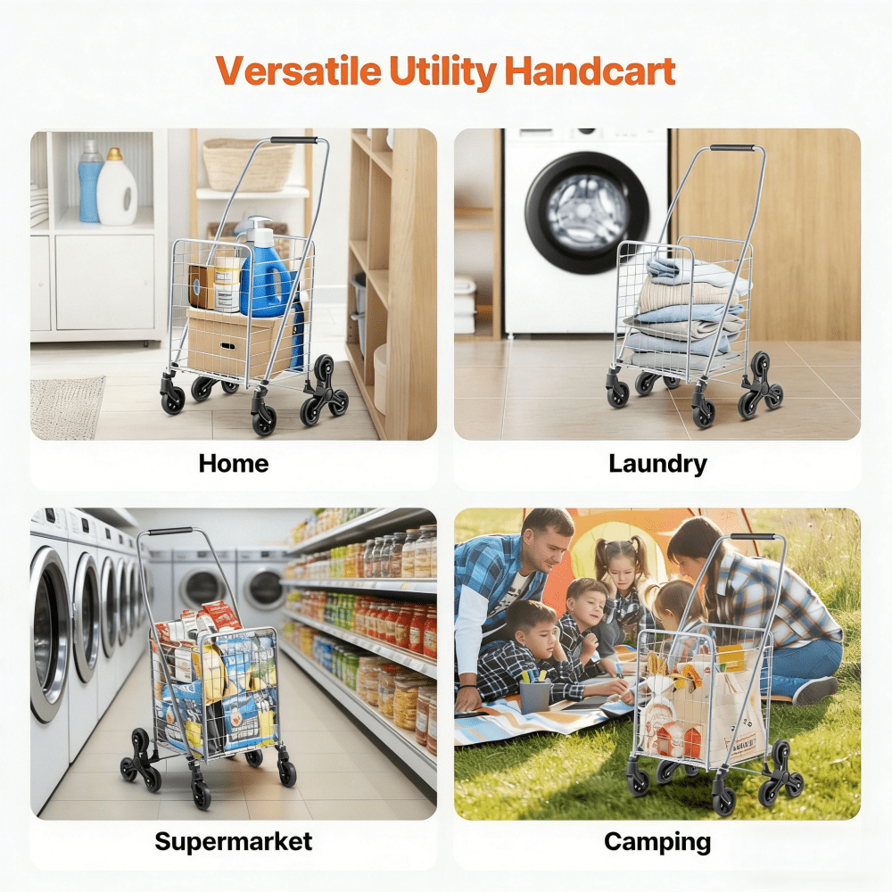 VEVOR Carrello della Spesa per Salire Scale da 45 L con Ruote Girevoli a 360°, Carrello Multiuso per Salire Scale con Tre Ruote, Carrello per Scale, Pieghevole e Leggero per Bucato in Viaggio, Argento