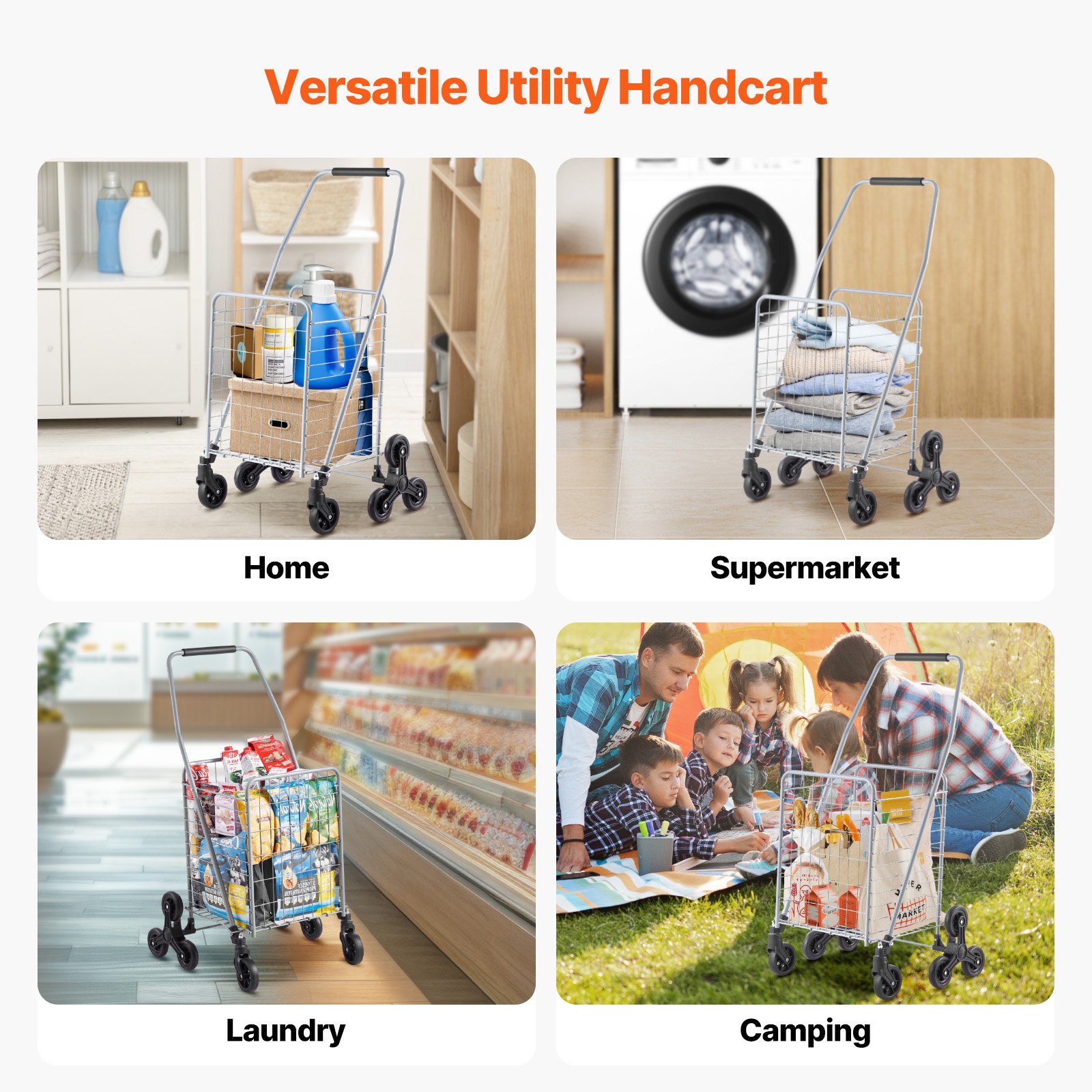 VEVOR Carrello della Spesa per Salire Scale da 45 L con Ruote Girevoli a 360°, Carrello Multiuso per Salire Scale con Tre Ruote, Carrello per Scale, Pieghevole e Leggero per Bucato in Viaggio, Argento