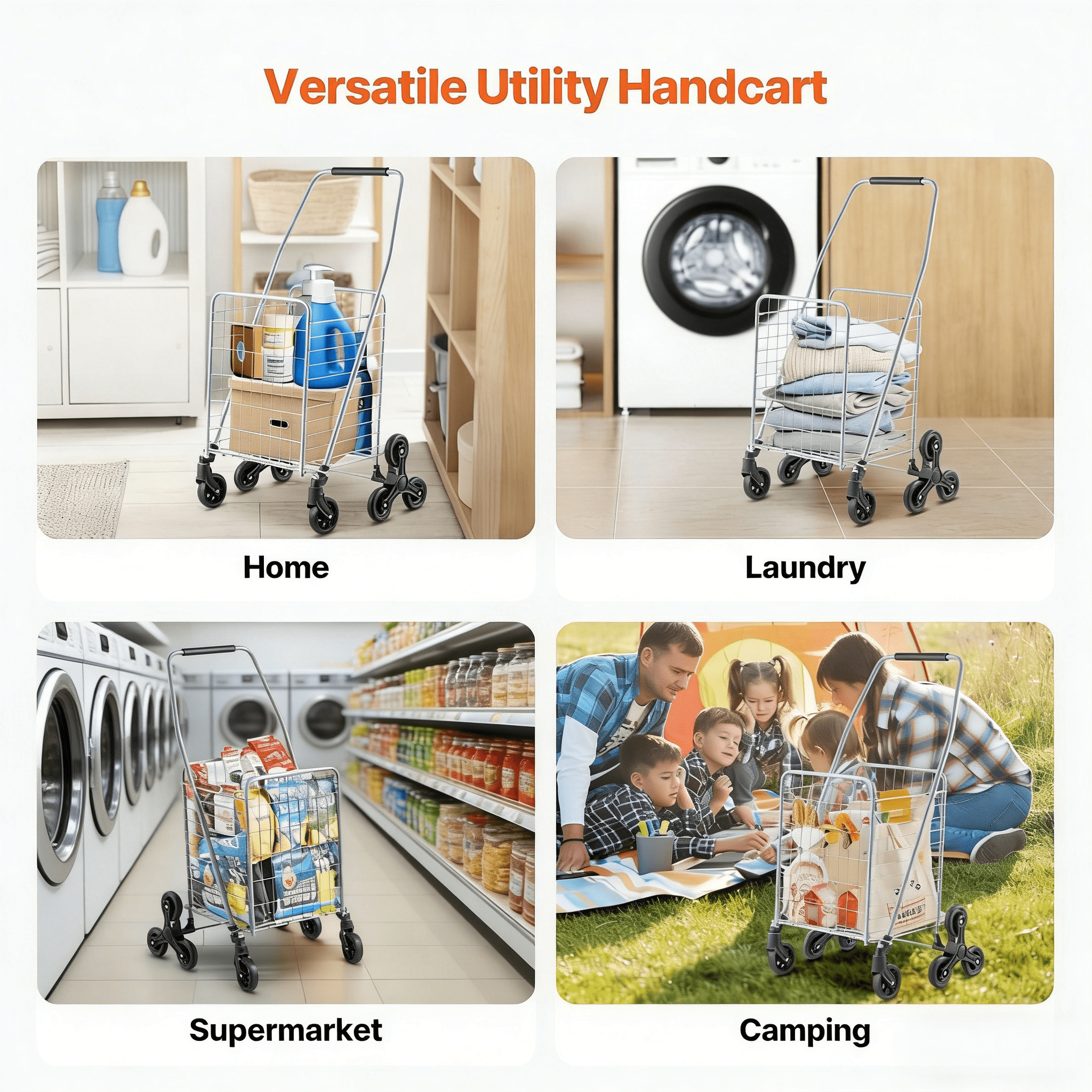 VEVOR Carrello della Spesa per Salire Scale da 45 L con Ruote Girevoli a 360°, Carrello Multiuso per Salire Scale con Tre Ruote, Carrello per Scale, Pieghevole e Leggero per Bucato in Viaggio, Argento