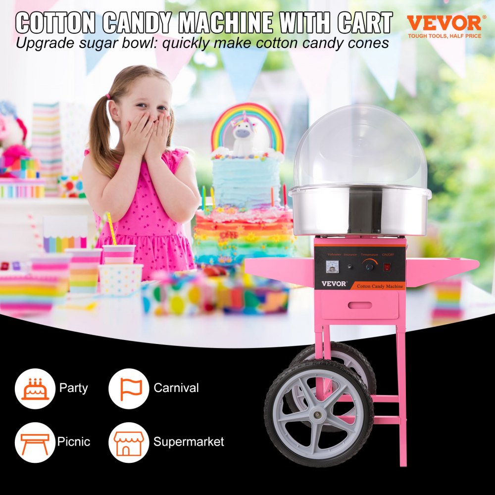 VEVOR Cotton Candy Machine Stainless Steel Cotton Candy Maker 1kW Pink Commercial