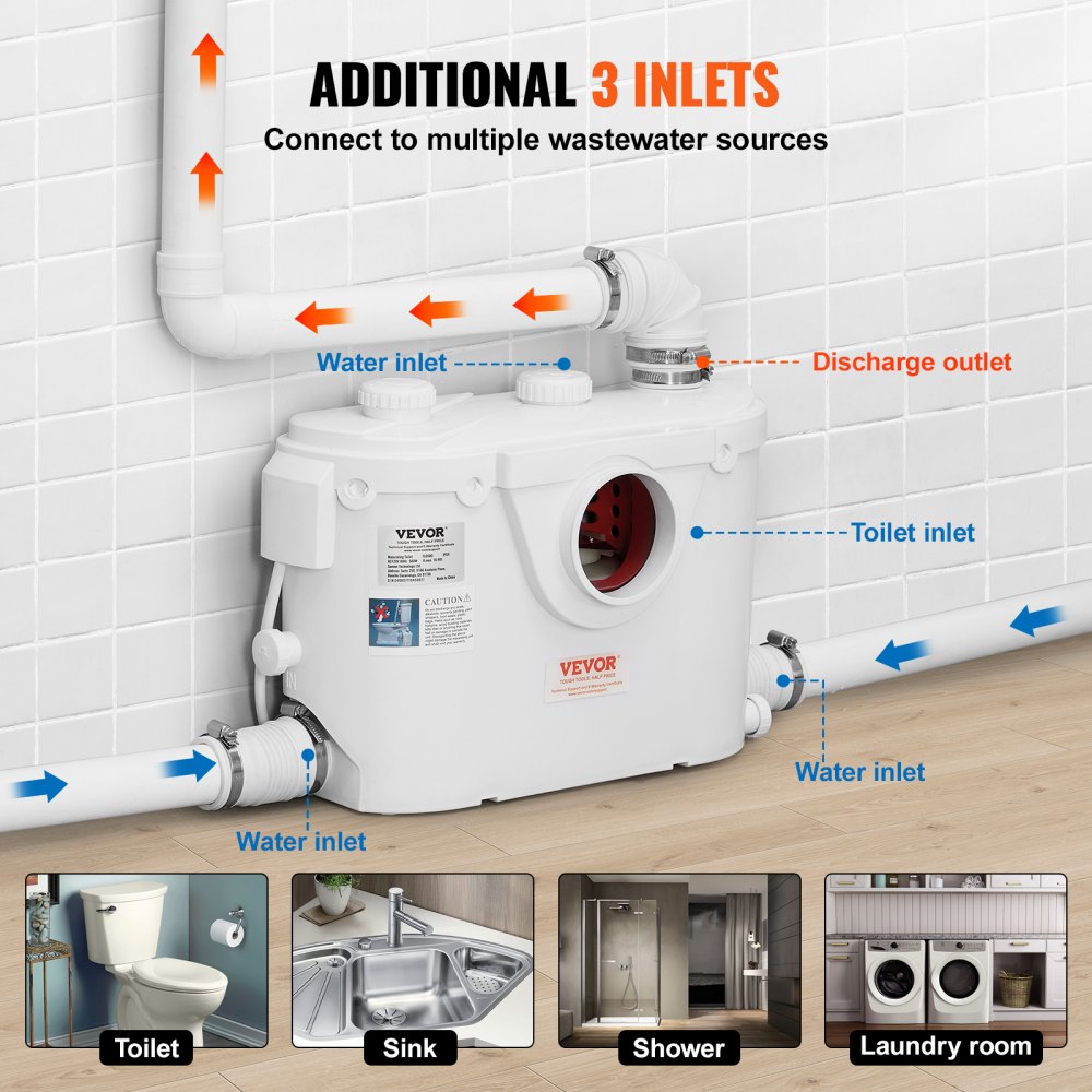 VEVOR Sistema di Triturazione per WC con Pompa Trituratrice da 500 W, Scarico Posteriore WC con Scarico Verso l'Alto per Seminterrato, Smaltimento dell'Acqua a Doppio Scarico, Kit Triturazione WC