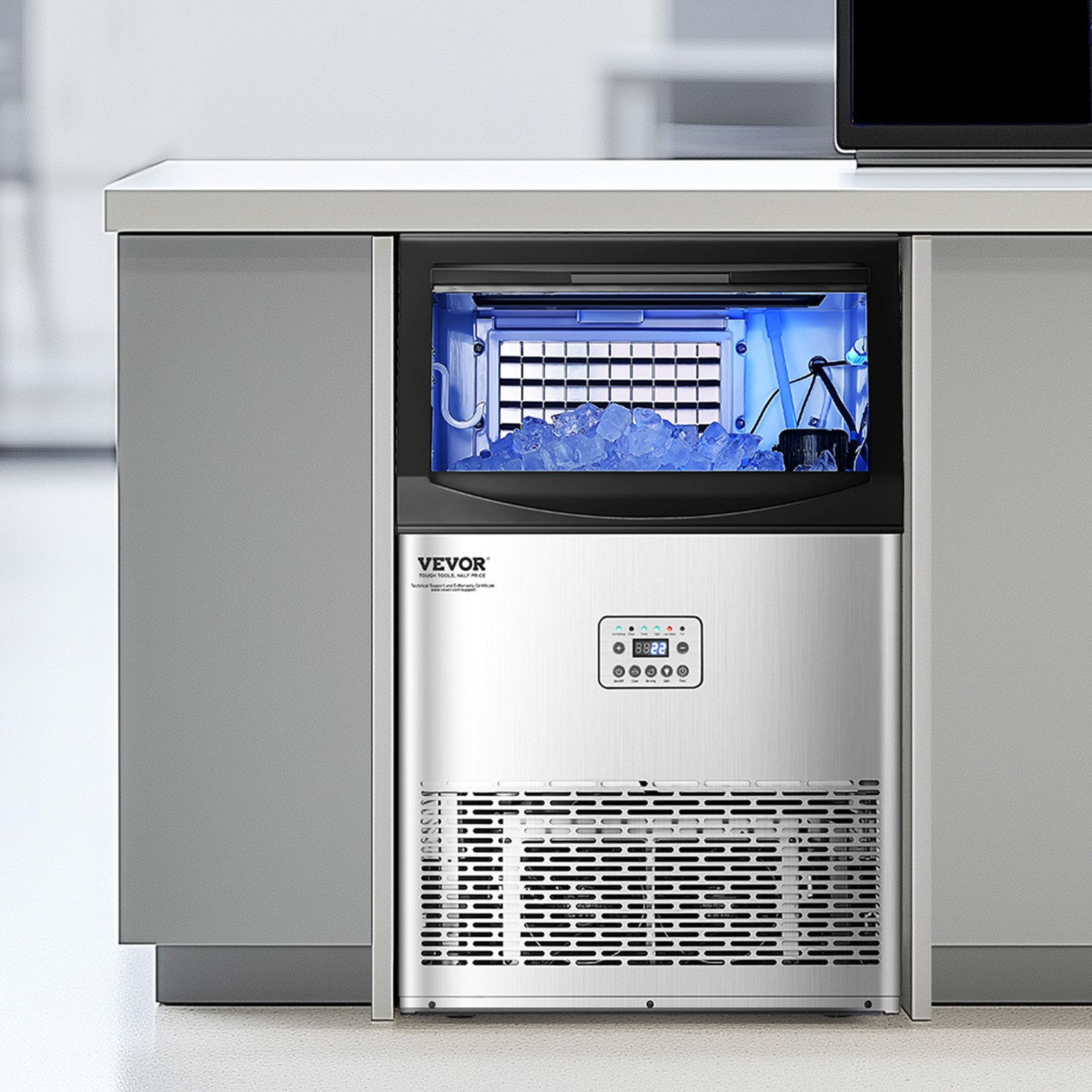 VEVOR Macchina per Ghiaccio Commerciale 41 kg/giorno Macchina Cubetti di Ghiaccio Capacità di Stoccaggio ca. 15 kg, Display Digitale a LED, Indipendente, Autopulente, Bar, Catering, Hotel