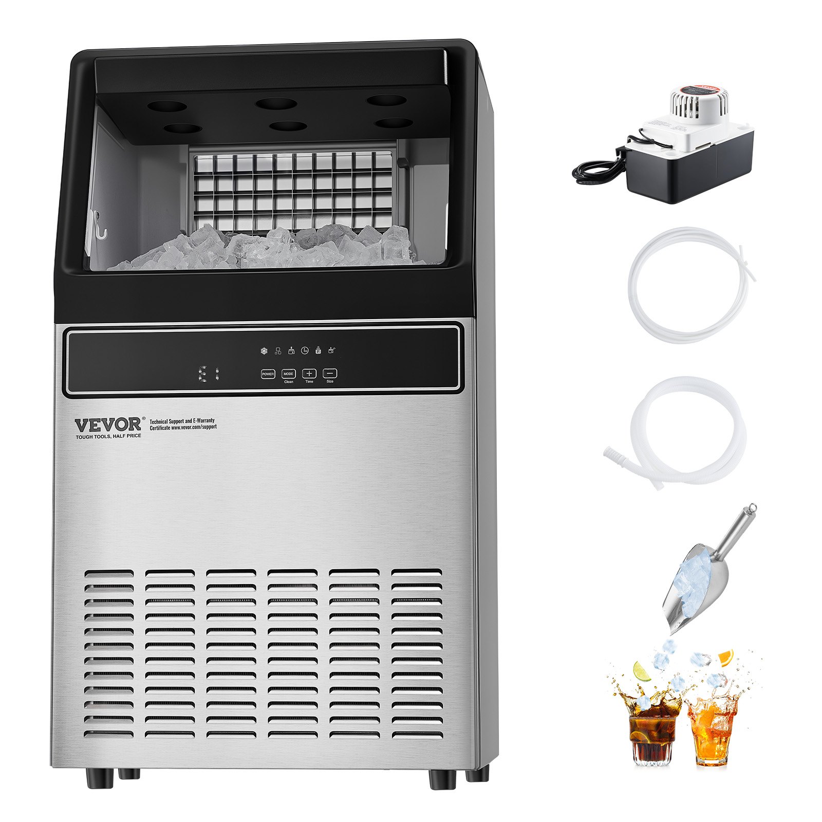 VEVOR Macchina per Ghiaccio Commerciale 50 kg/giorno Macchina Cubetti di Ghiaccio con Pompa Capacità di Stoccaggio ca. 50 kg, Display Digitale a LED, Indipendente, Autopulente, Bar, Catering, Hotel