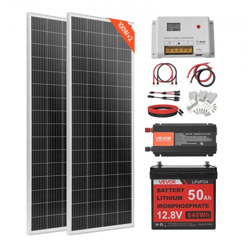 VEVOR Kit Solare Completo 200W 12V Fuori Rete, con 2 Pannelli Solari Monocristallini da 100W, Batteria LiFePO₄ da 12,8V 50Ah, Regolatore di Carica da 40A, Inverter da 800W, per Camper, Barca