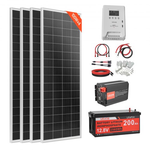 VEVOR Kit Solare Completo 400W 12V Fuori Rete, con 4 Pannelli Solari Monocristallini da 100W, Batteria LiFePO₄ da 12,8V 400Ah, Regolatore Carica MPPT 40A, Inverter da 2000W, per Camper, Barca
