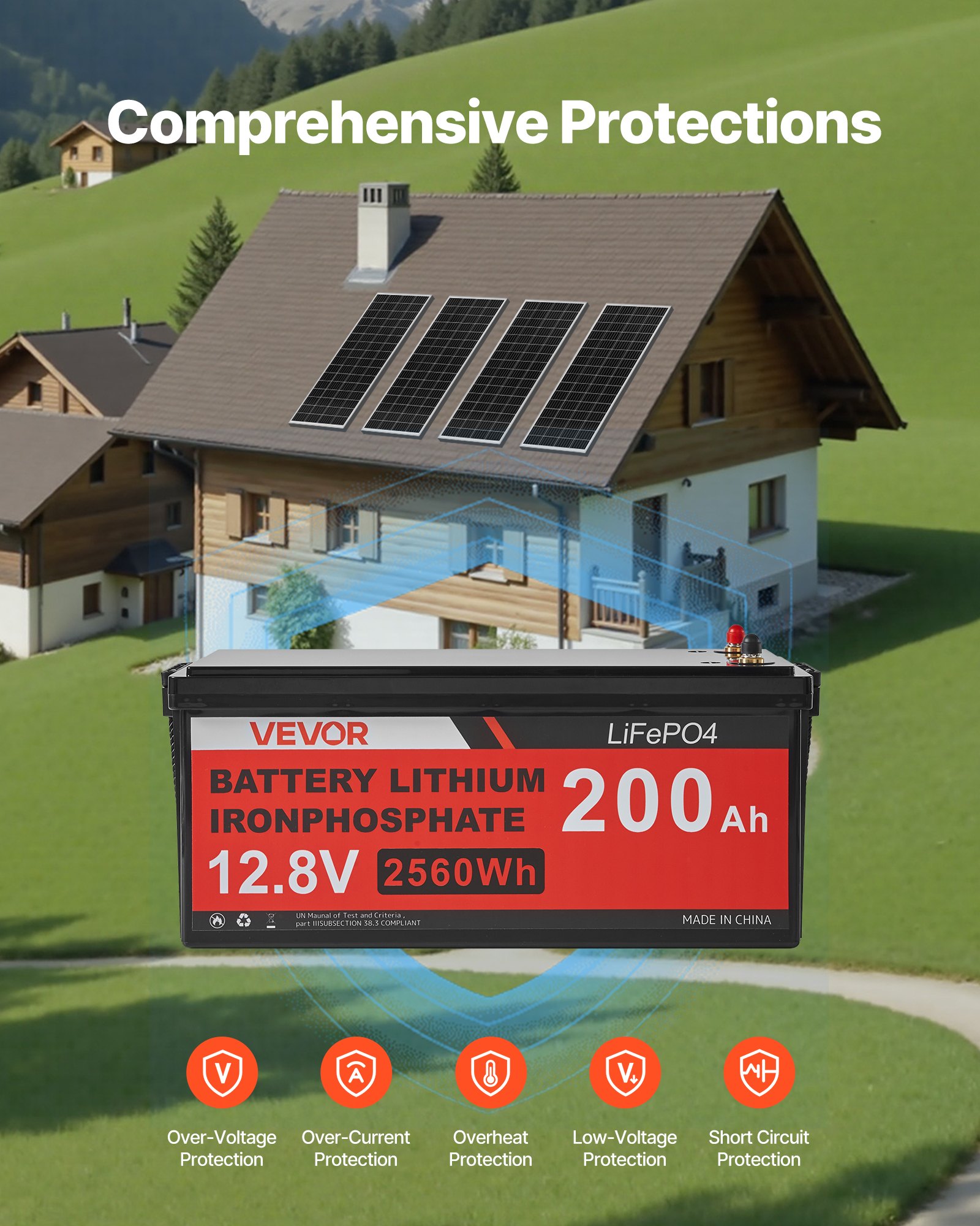 VEVOR 400W 12V Complete Solar Power Kit, 4*100W Monocrystalline Solar Panels + 12.8V 200Ah LiFePO₄ Battery + 40A MPPT Charge Controller + 2000W Power Inverter for RV Home Camping Boats Off-Grid