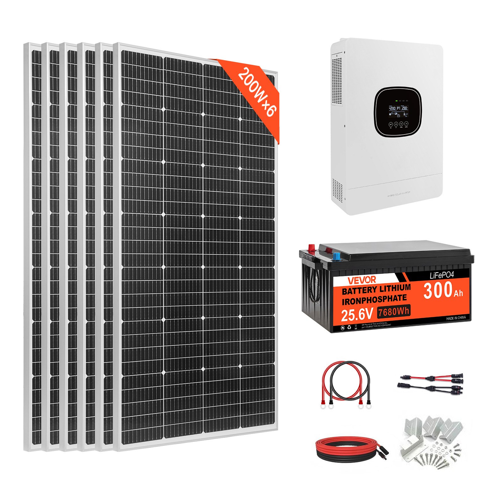 VEVOR Kit di Energia Solare Completo 24V 1200W, 6 Pannelli Monocristallini da 200W, Batteria LiFePO₄ da 25,6V 300Ah, Regolatore MPPT 24A Inverter da 3600W, per Camper, Barche