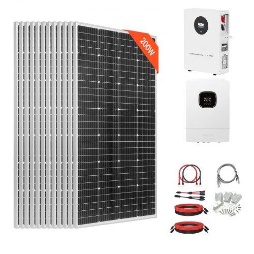 VEVOR Kit di Energia Solare Completo 48V 2400W, 12 Pannelli Monocristallini da 200W, Batteria LiFePO₄ da 51,2V 100Ah, Inverter Ibrido 48V, Fuori Rete da Camper, Barche